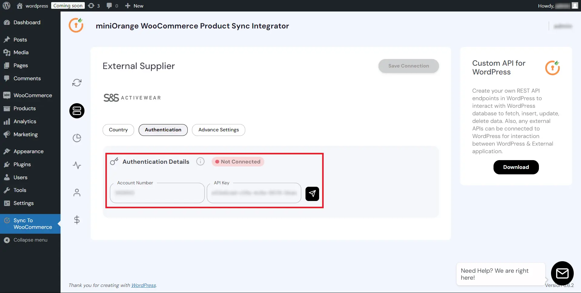 WooCommerce Product Sync - save connection