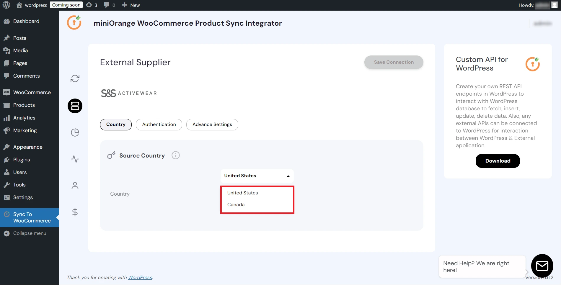 WooCommerce Product Sync - enter credentials