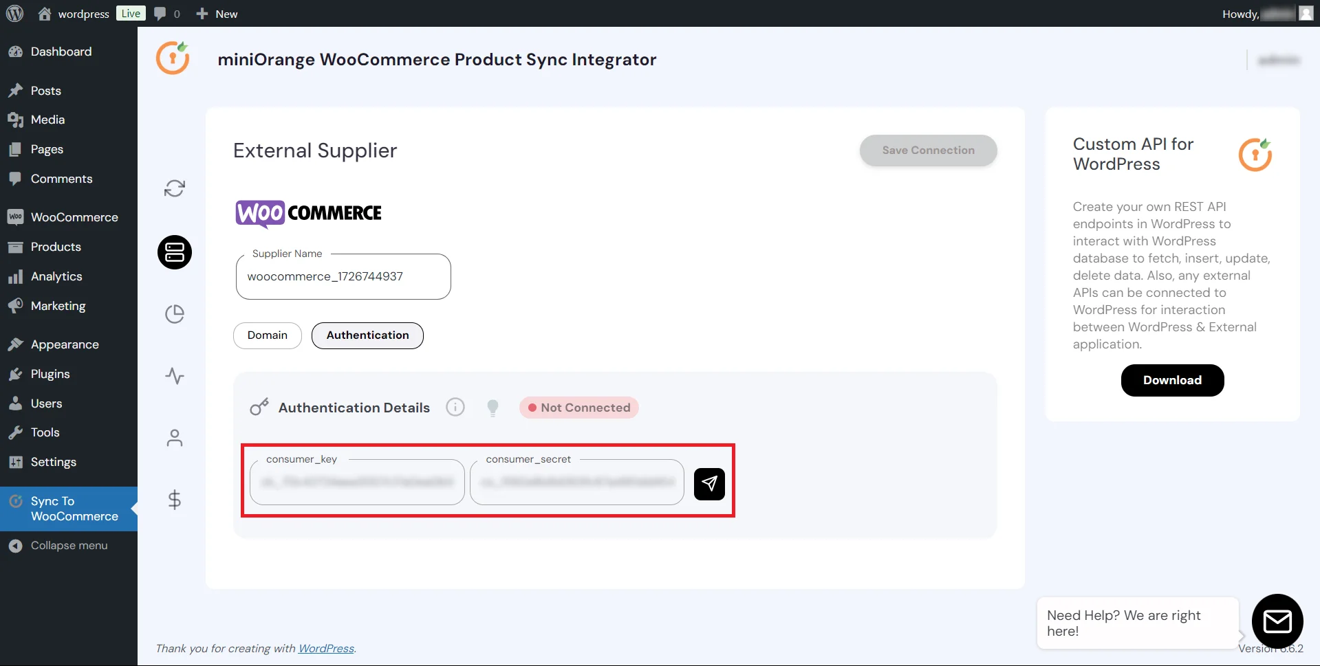 WooCommerce Product Sync - Add credentials