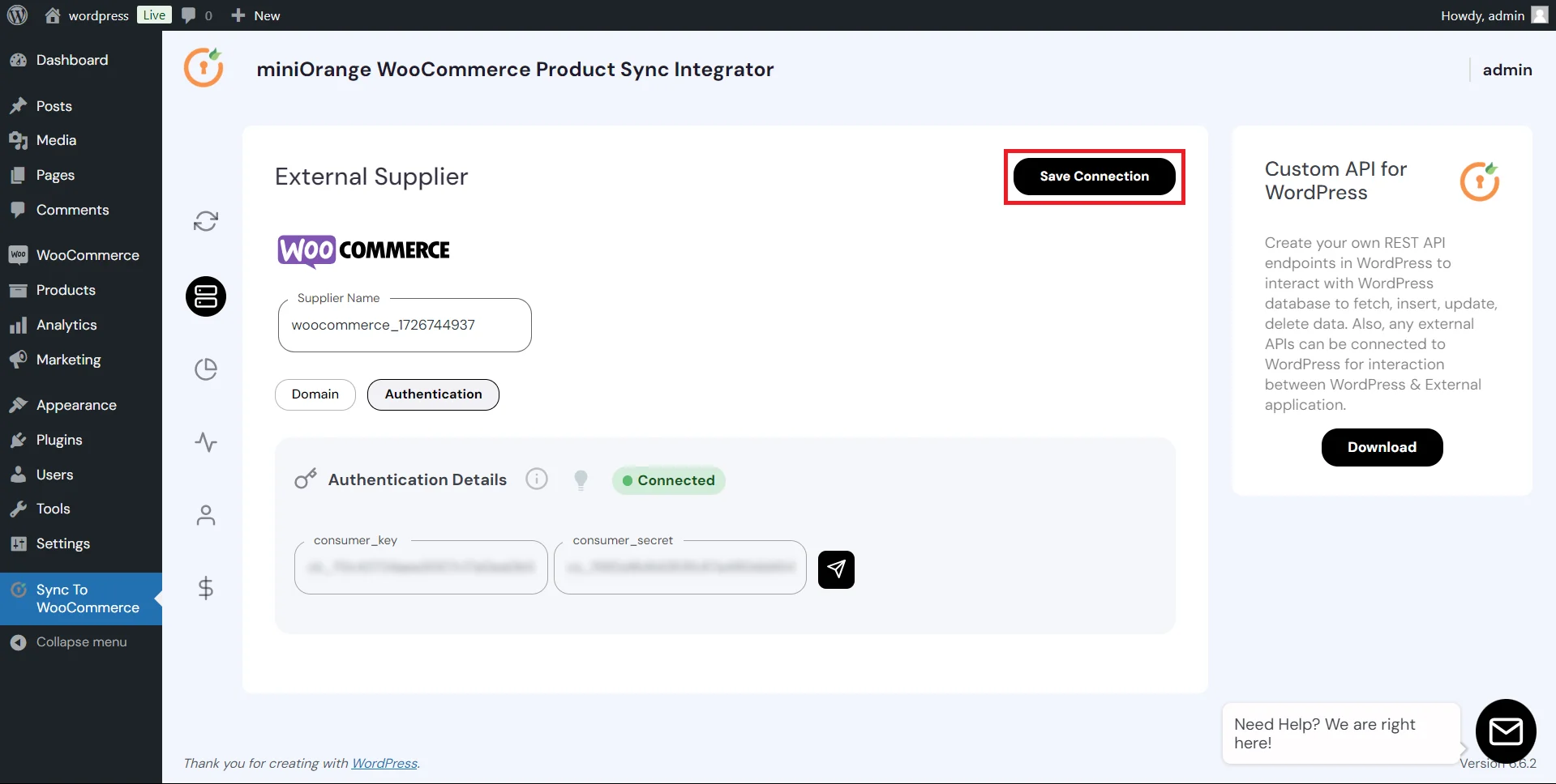 WooCommerce Product Sync - save connection