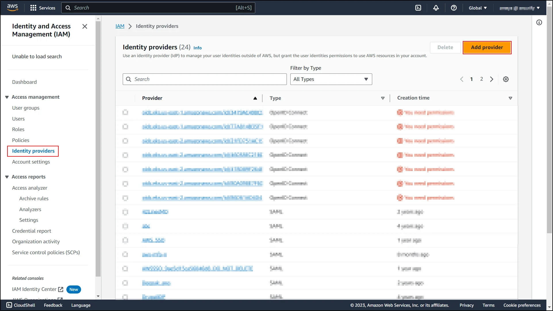 amazon appstream saml single sign on - select identoty providers and create providers button