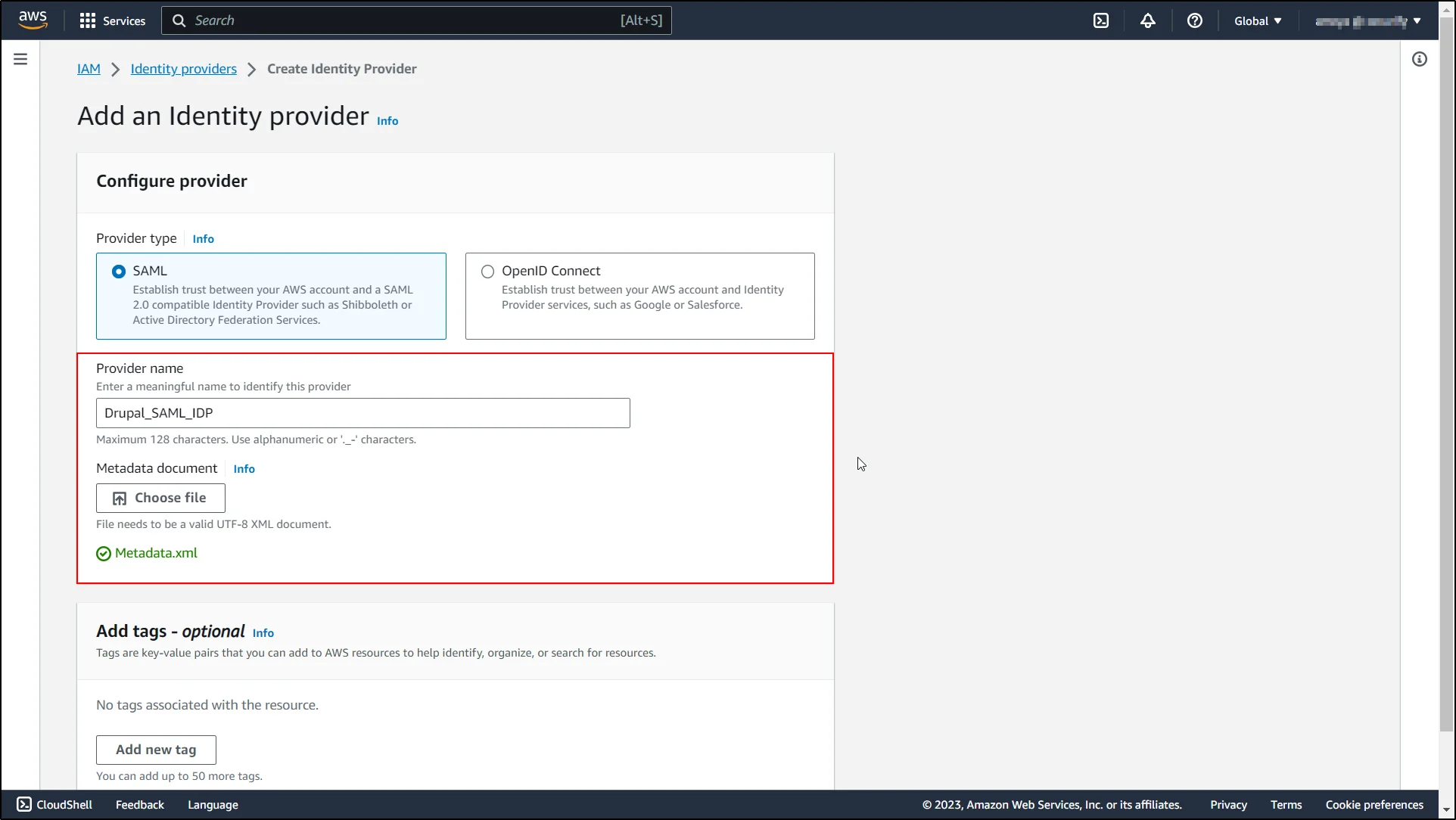 aws appstream 2.0 - In Configure Provider tab enter the following information