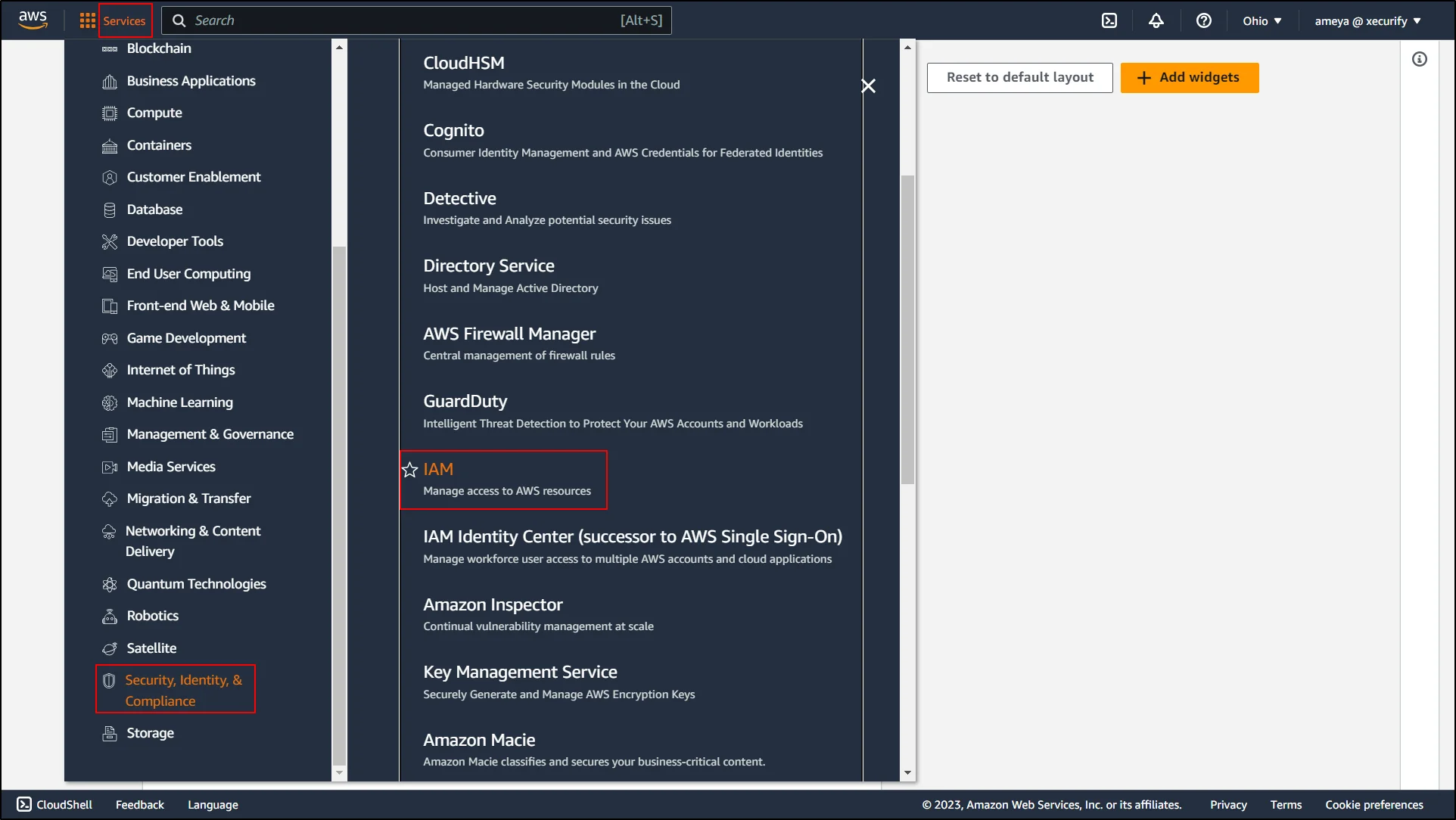 aws appstream saml single sign on - select services and click on security, identity