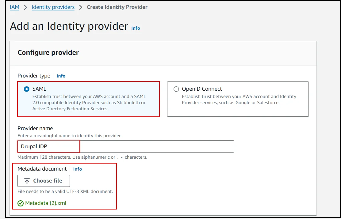 drupal saml idp aws create provider