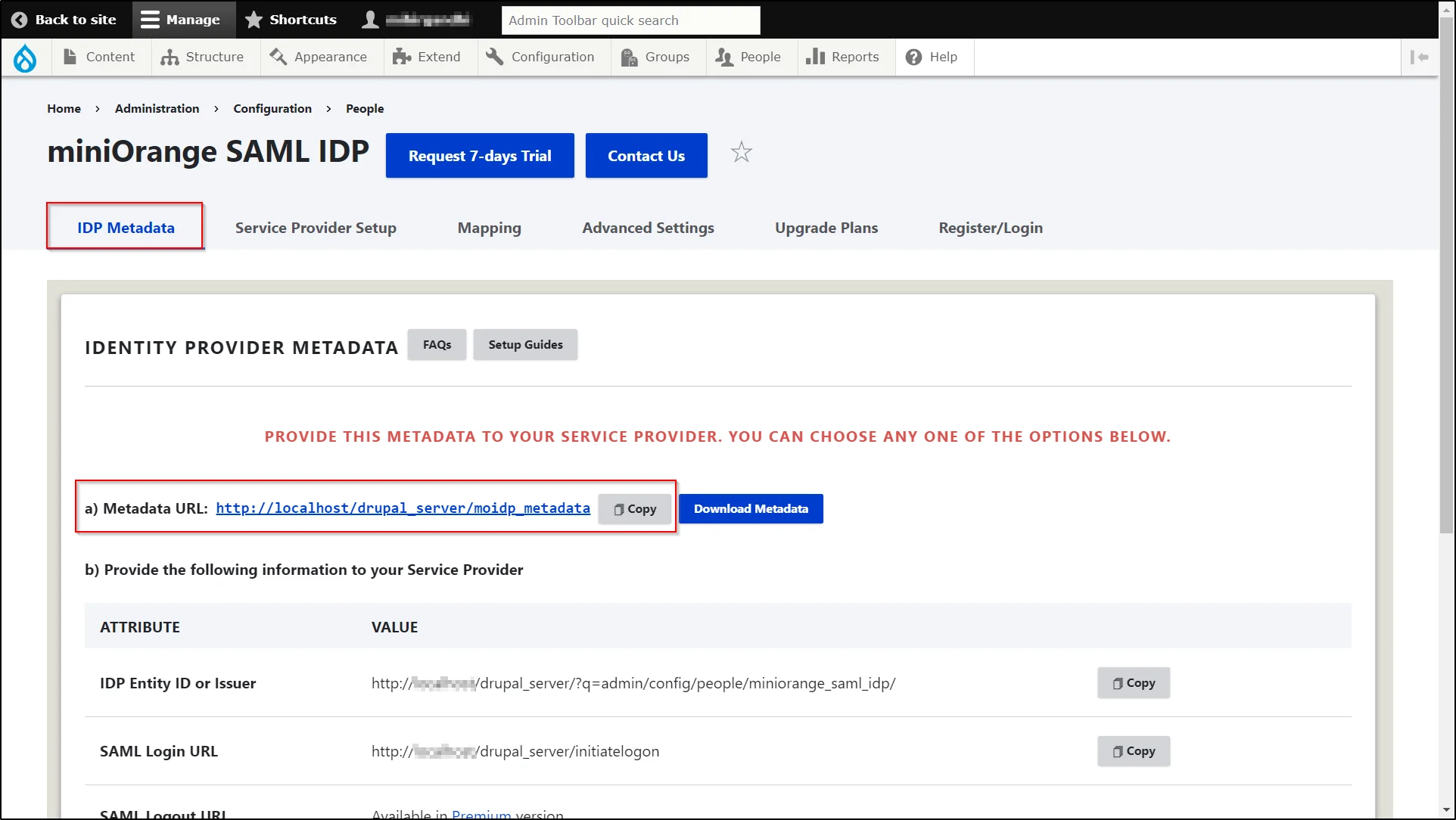 Drupal-SAML-IDP-Joomla-SP-Copy-Metadata-URL