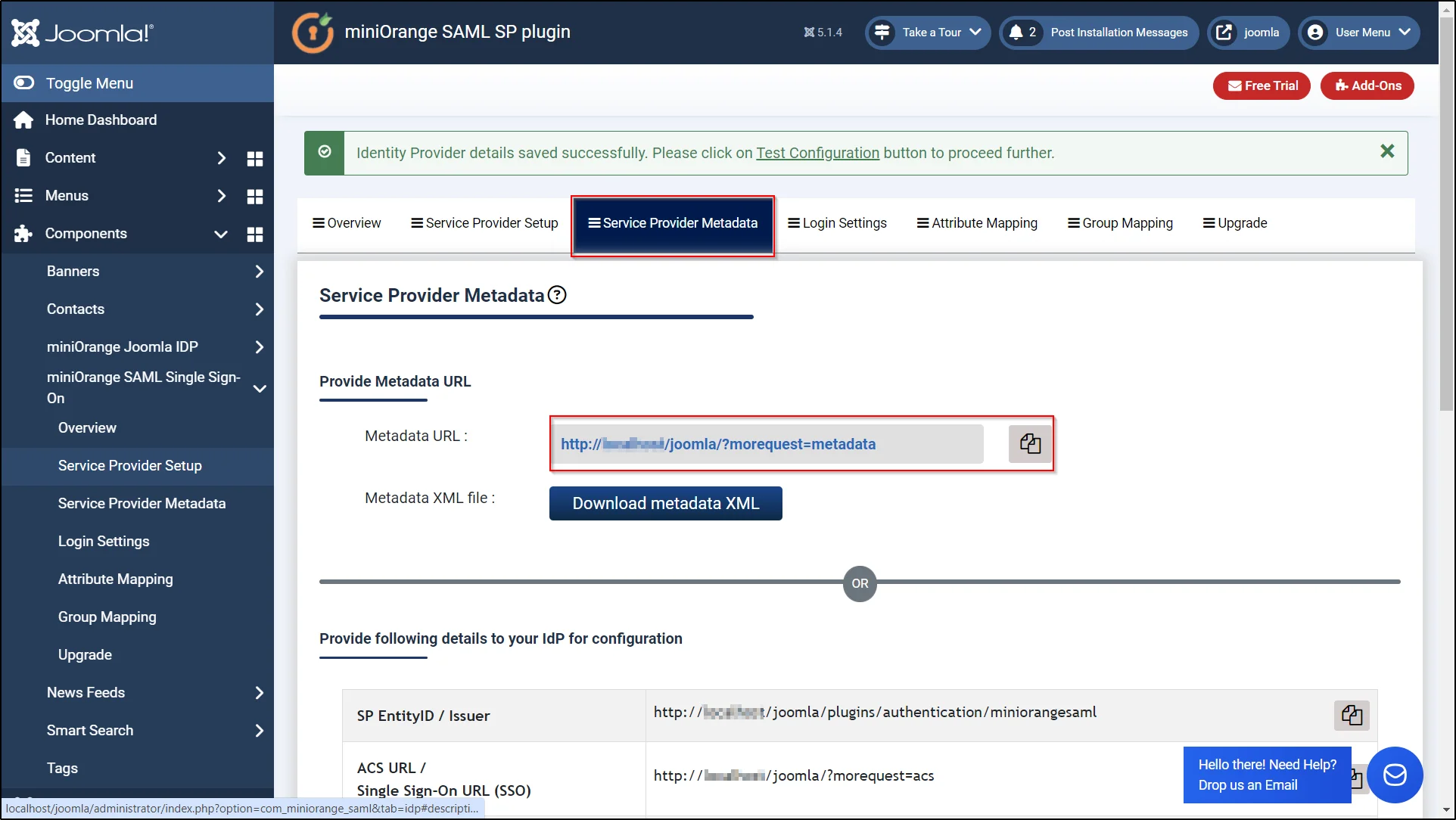 Drupal-SAML-IDP-Joomla-SP-Copy-SP-Metadata-URL