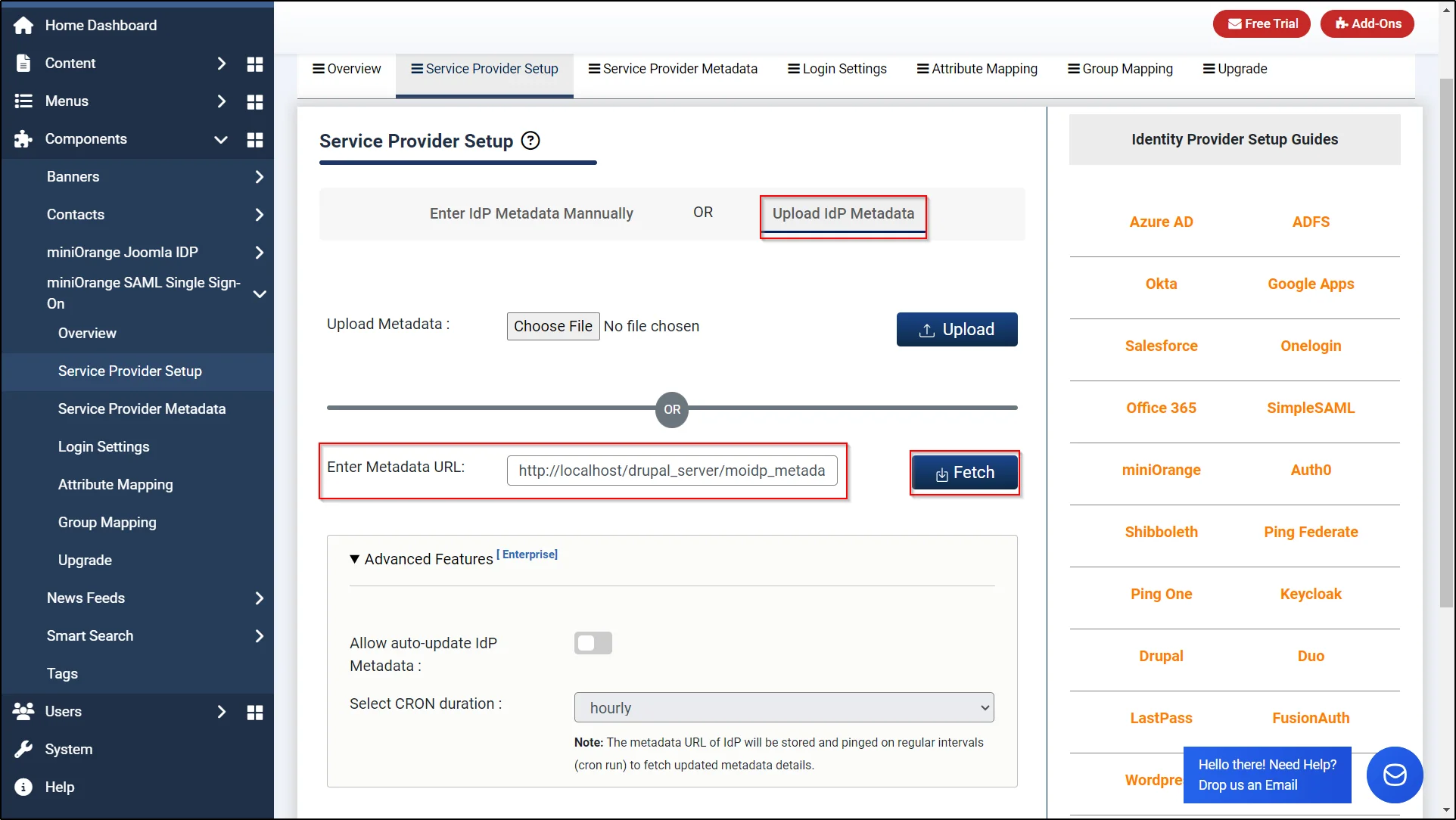 Drupal-SAML-IDP-Joomla-SP-Paste-IDP-Metadata-URL