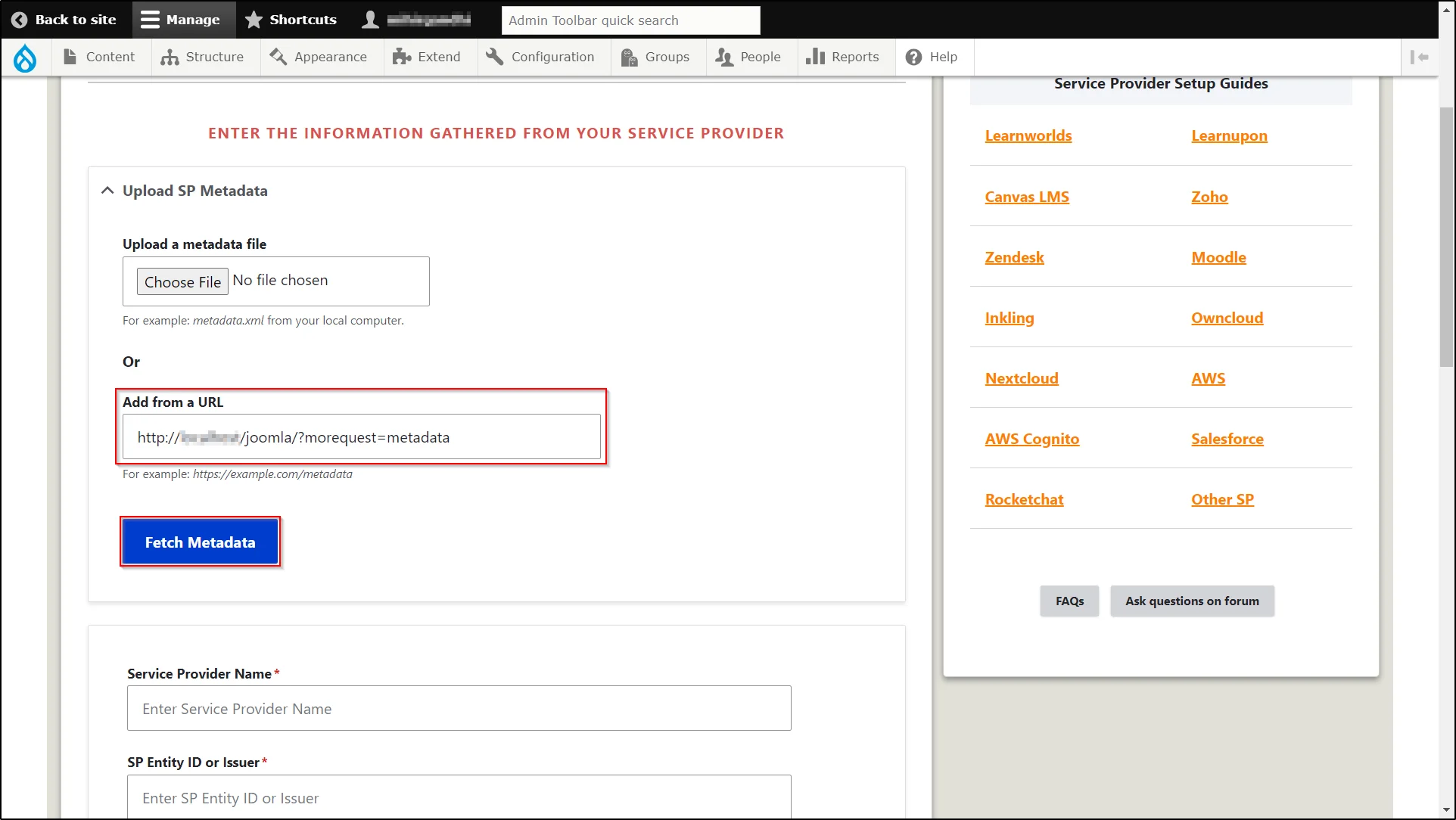 Drupal-SAML-IDP-Joomla-SP-Paste-SP-Metadata-URL