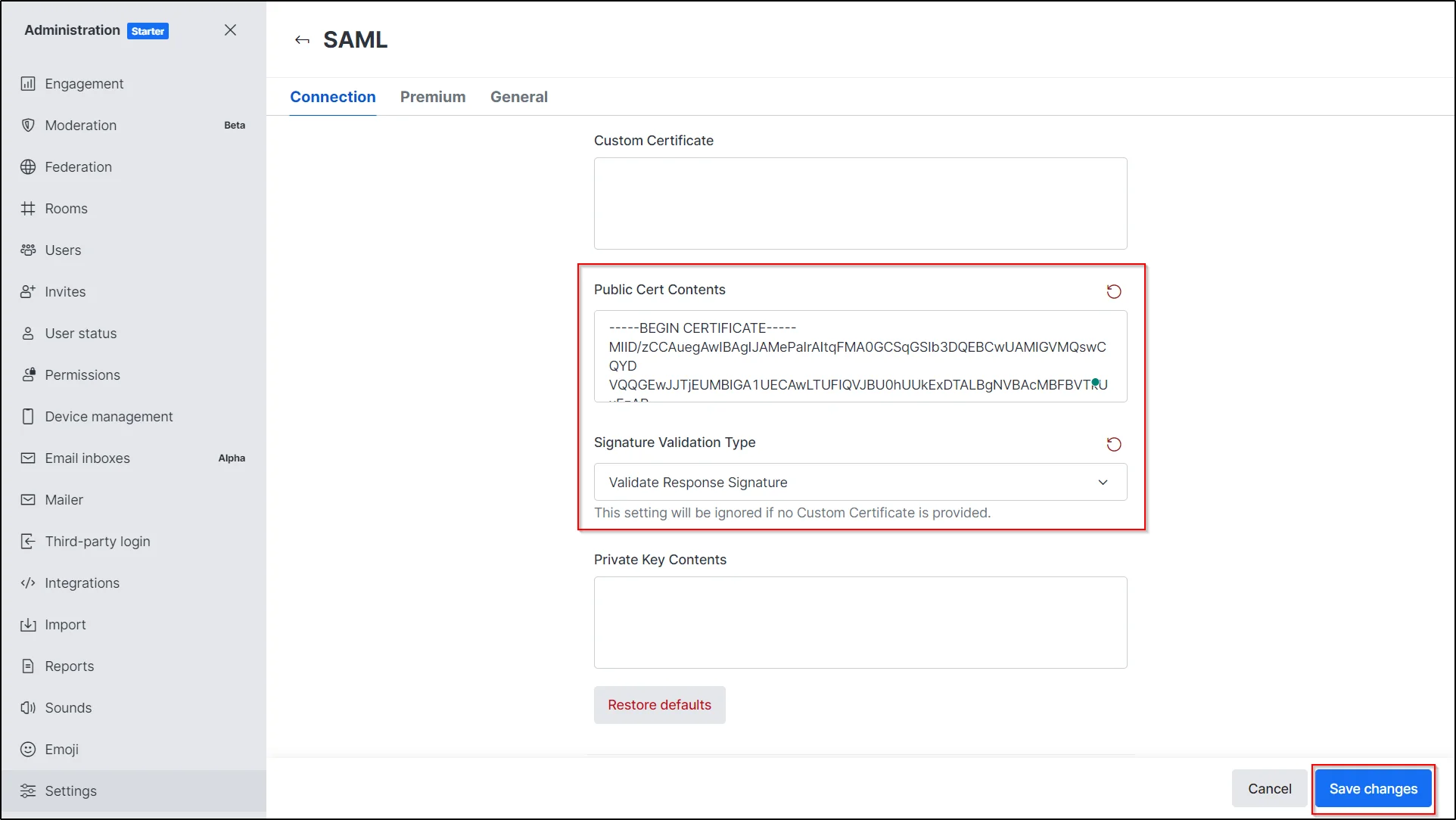 Drupal-SAML-IdP-RcoketChat-SP-Paste-Certificate-and-select-Validate-response-signature