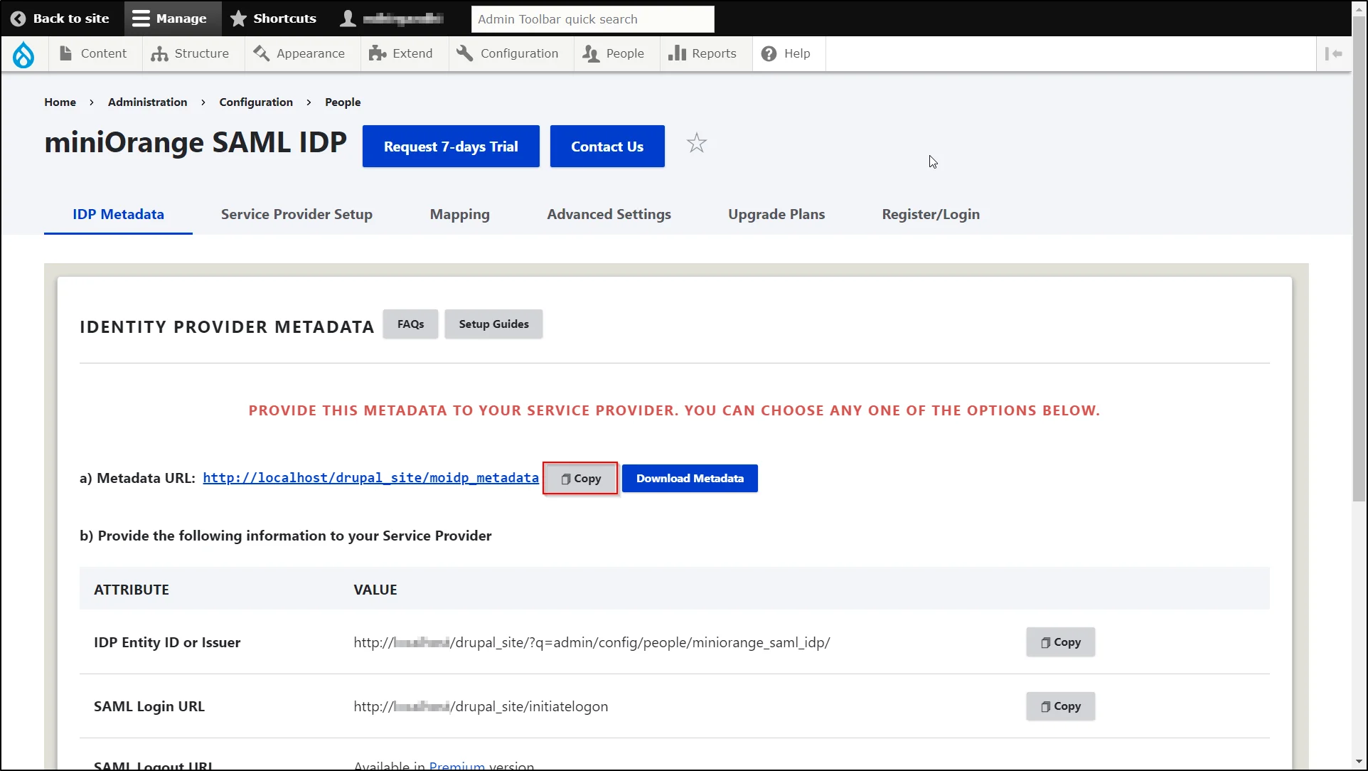 Drupal SAML Single Sign-On - Copy Metadata URL to configure Drupal as SP