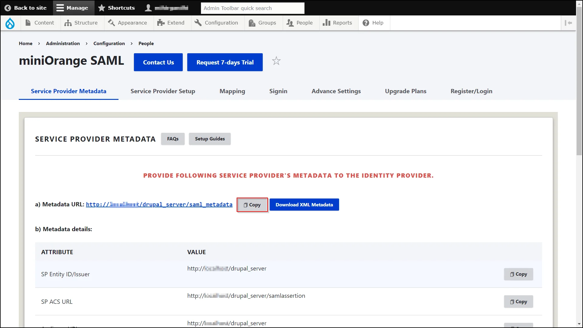 Drupal SAML Single Sign-On - Copy Metadata URL to configure Drupal as IdP