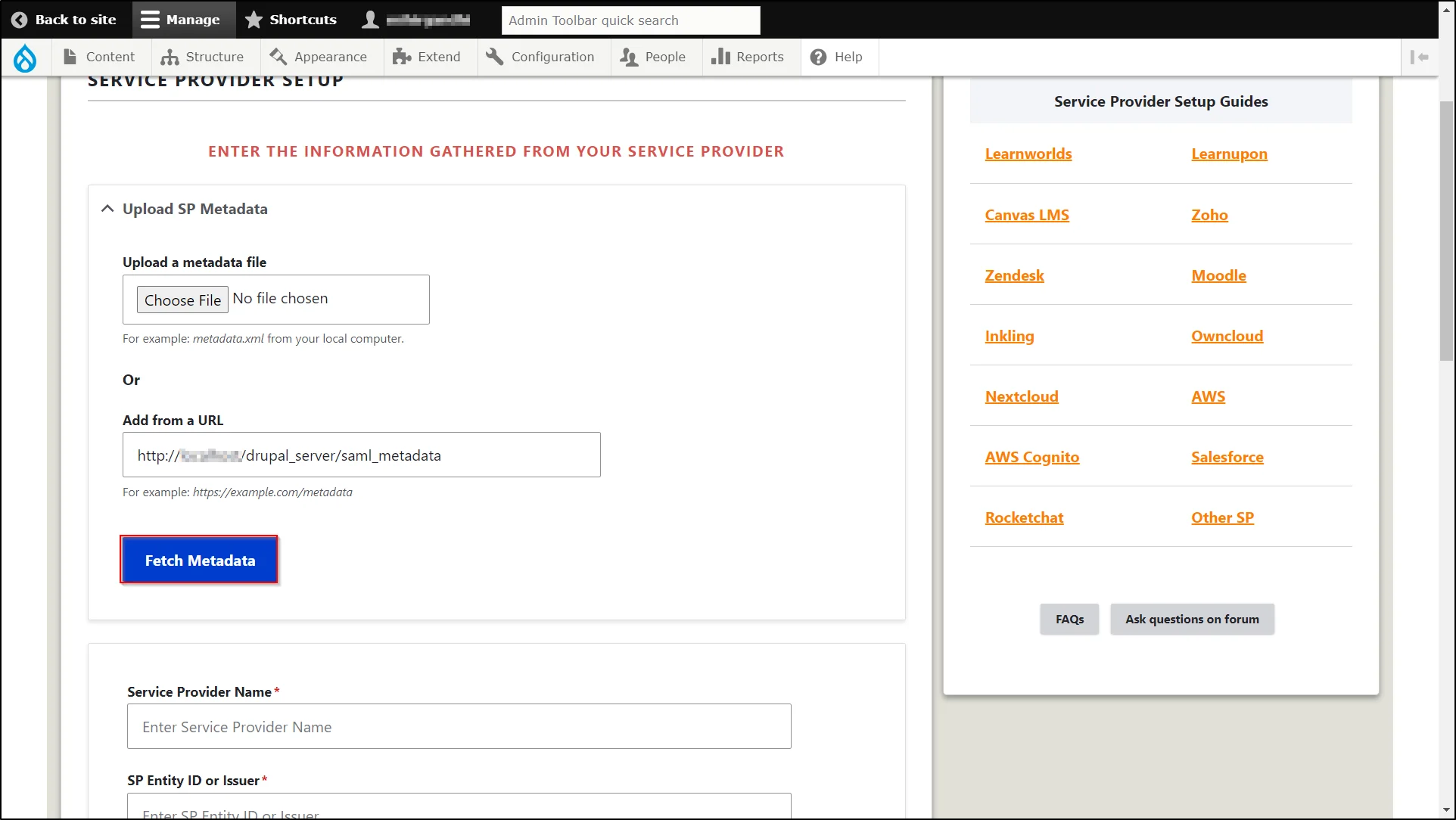 Drupal SAML Single Sign-On - paste Metadata URL to configure Drupal as IDP