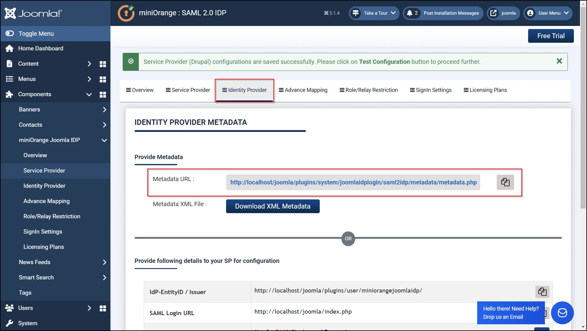 SAML Single Sign-On (SSO) using Joomla (IdP), Copy Idp metadata