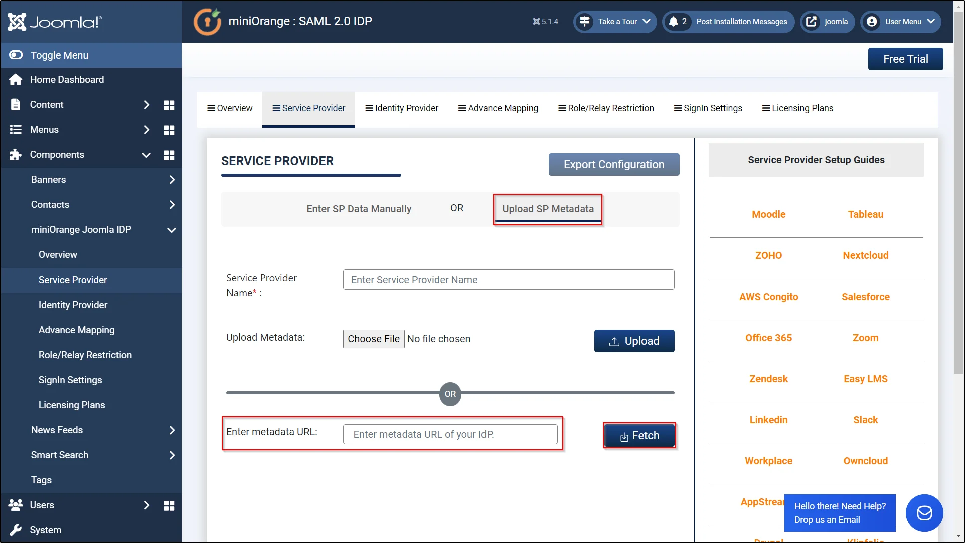 SAML Single Sign-On (SSO) using Joomla (IdP), Paste the service provider metadata