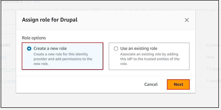 drupal saml idp aws create new role