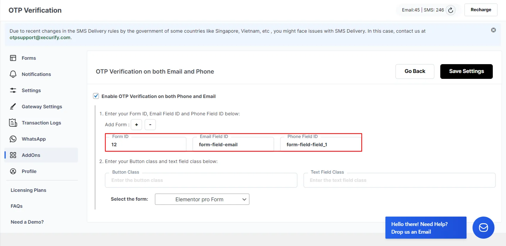 Both Phone and Email Verification Add-on - Elementor Pro Form enter phone field ID