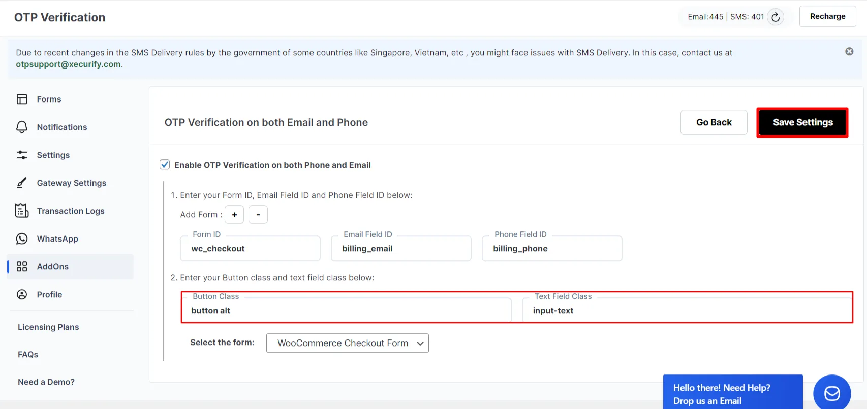 Both Phone and Email Verification Add-on - WooCommerce Checkout Form enter button class