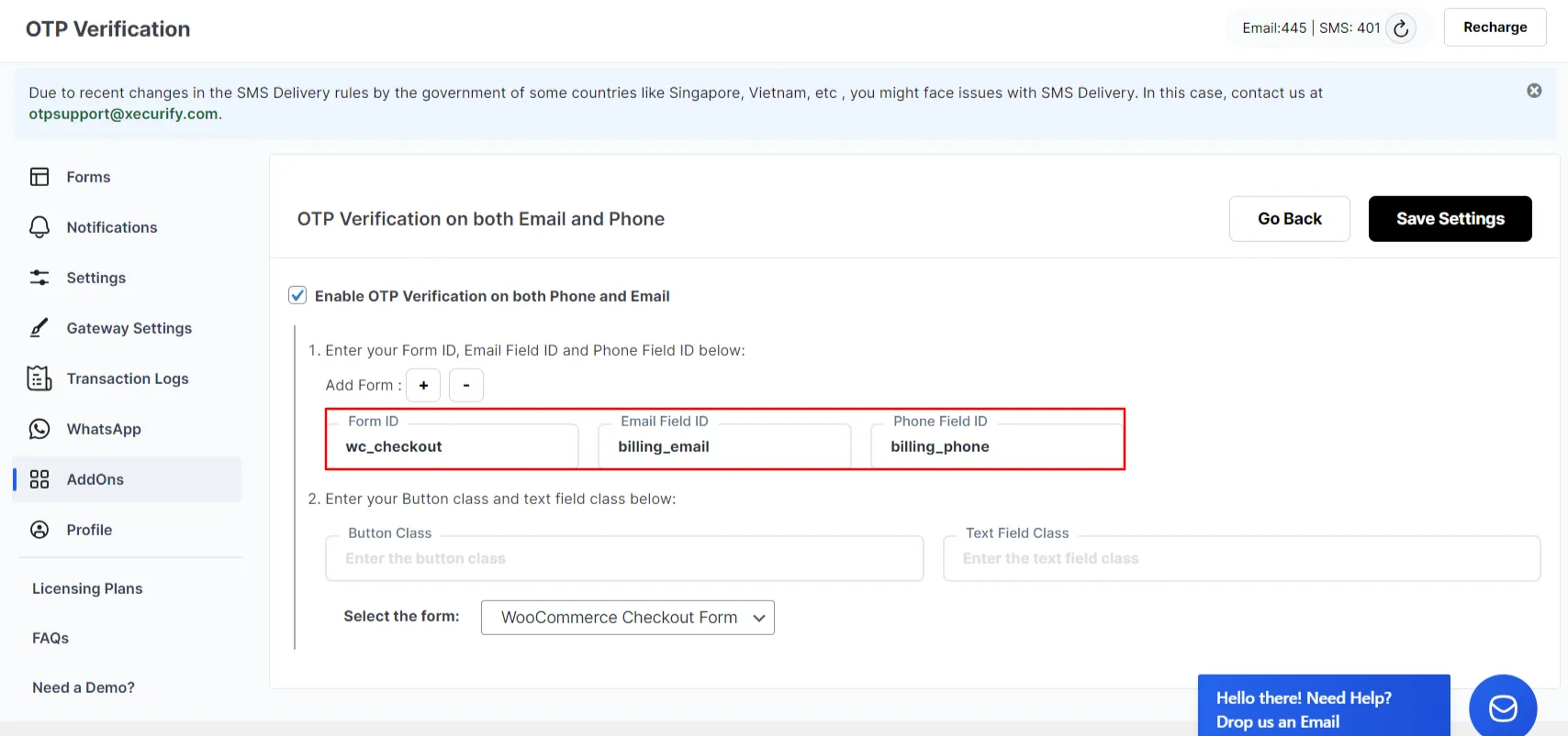 Both Phone and Email Verification Add-on - WooCommerce Checkout Form enter phone field ID