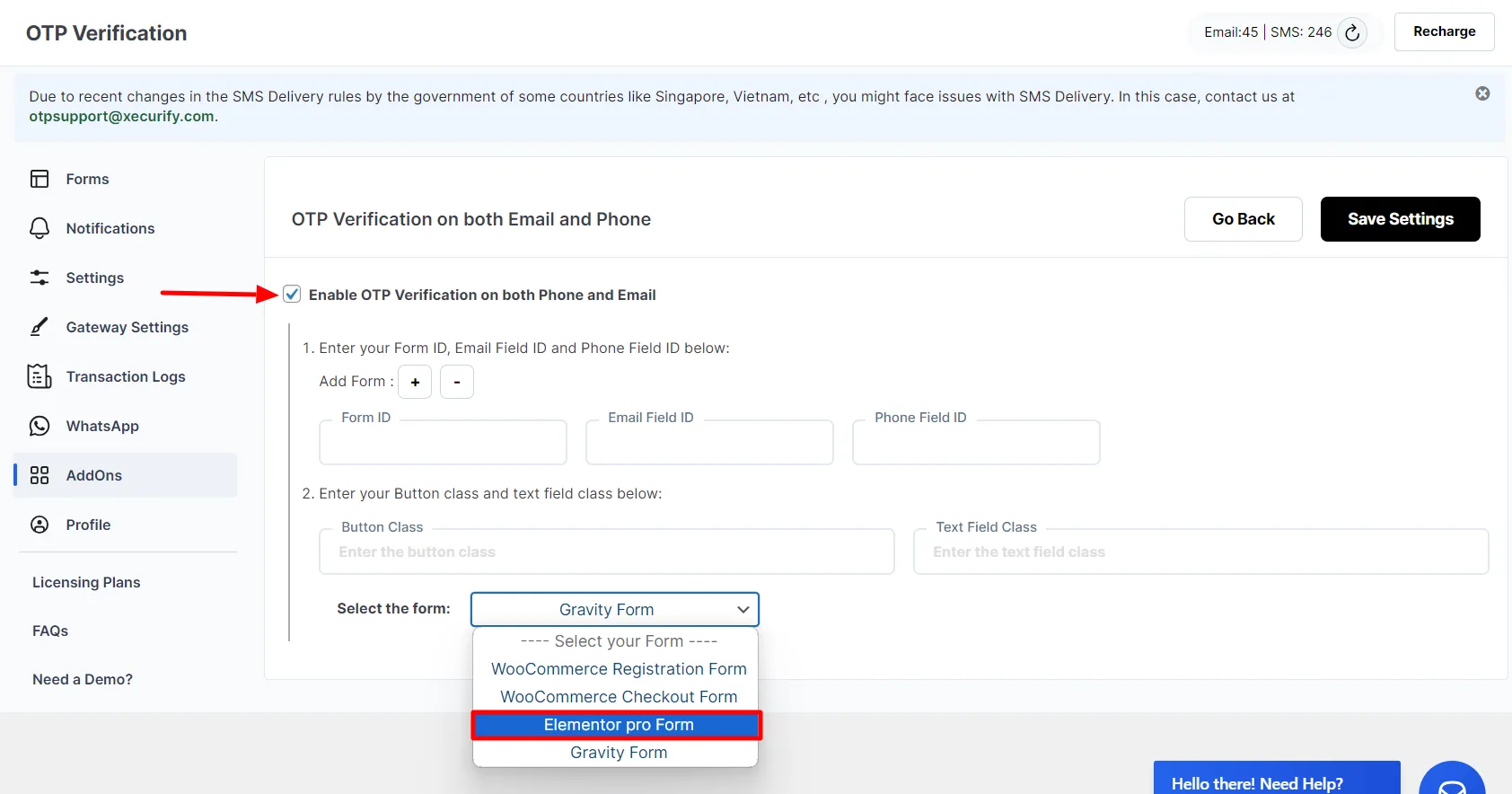 Both Phone and Email Verification Add-on - Elementor Pro Form Enable Add-on