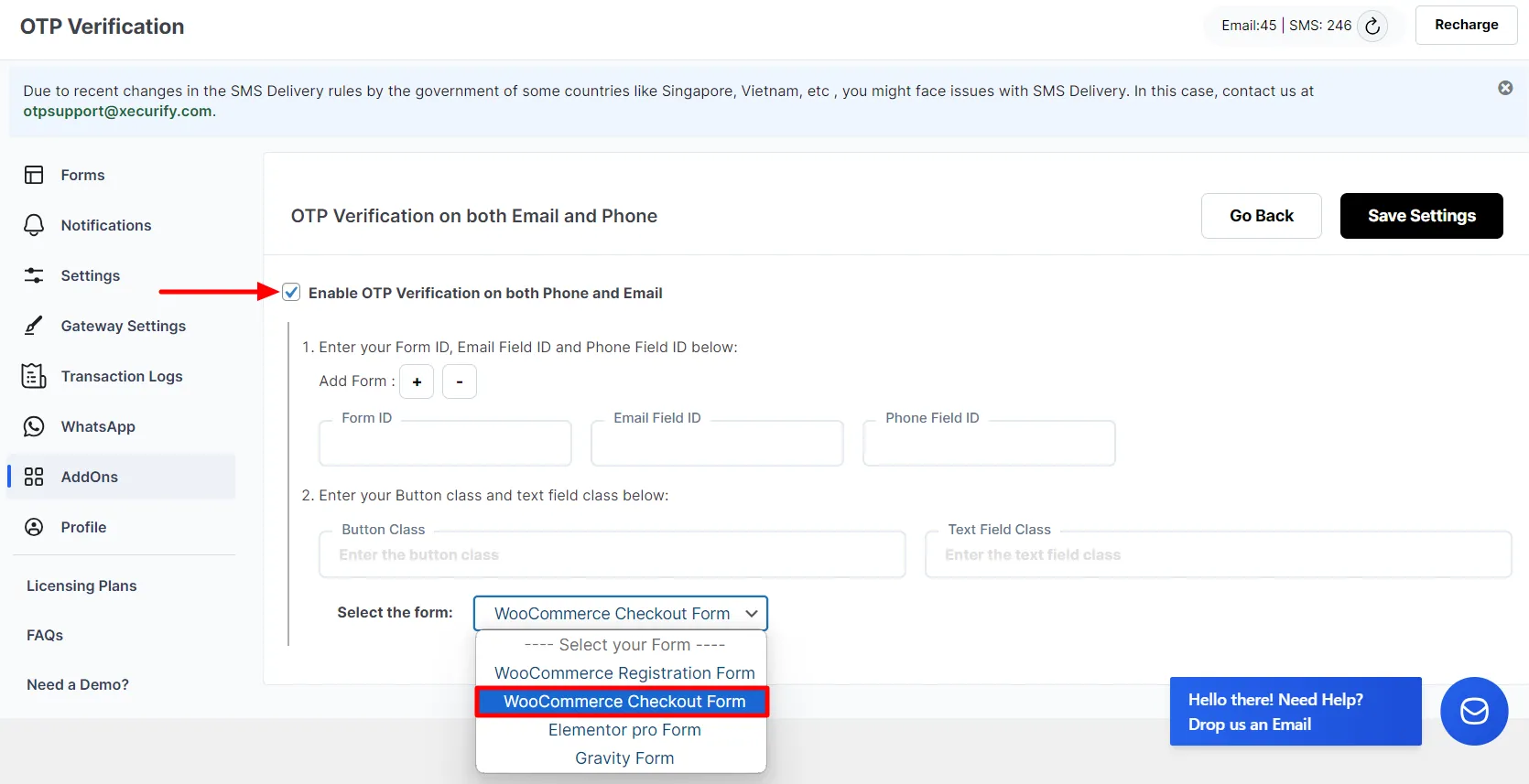 Both Phone and Email Verification Add-on - WooCommerce Checkout Form enable add-on