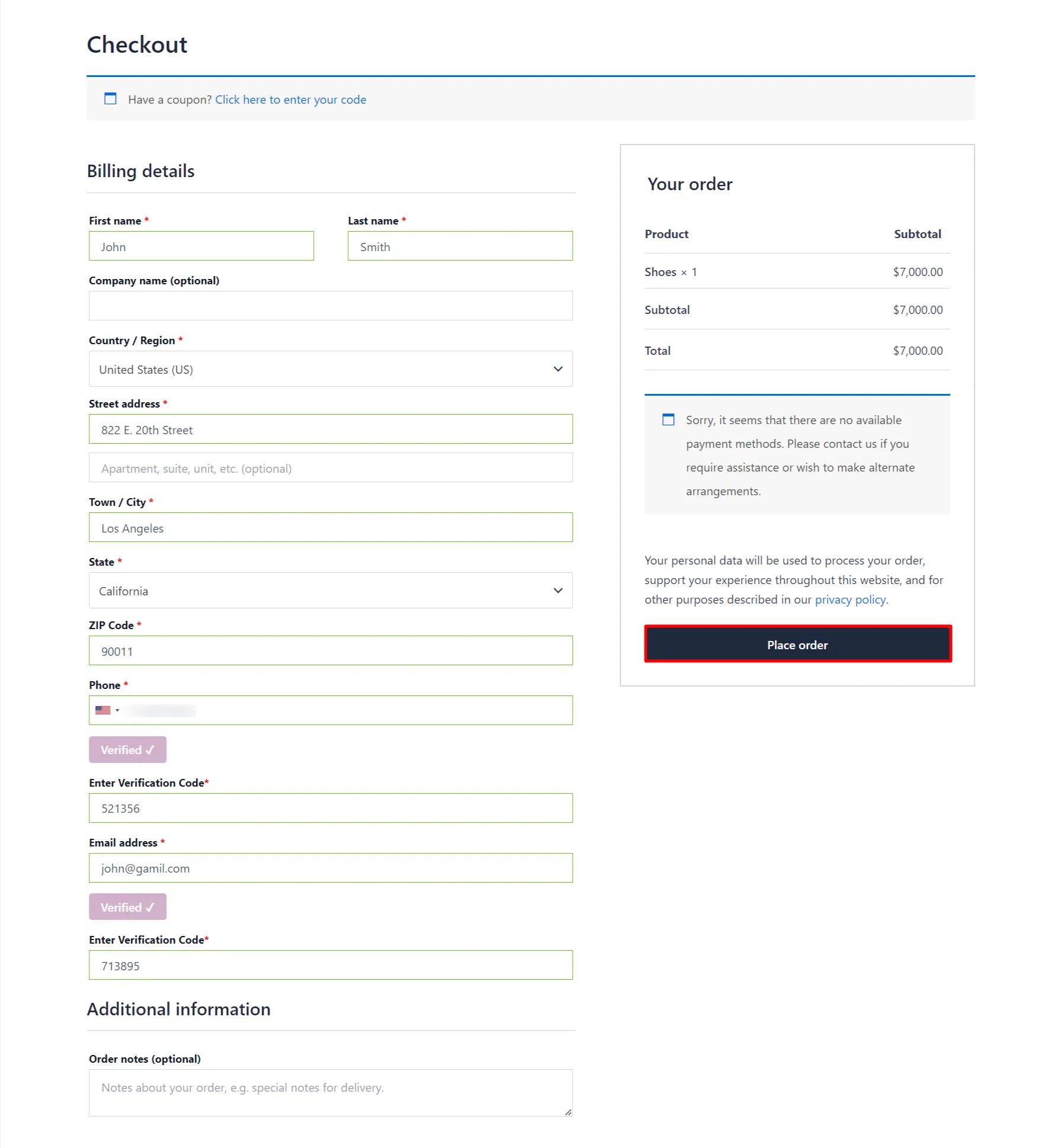 Both Phone and Email Verification Add-on - WooCommerce Checkout Form click Place Order