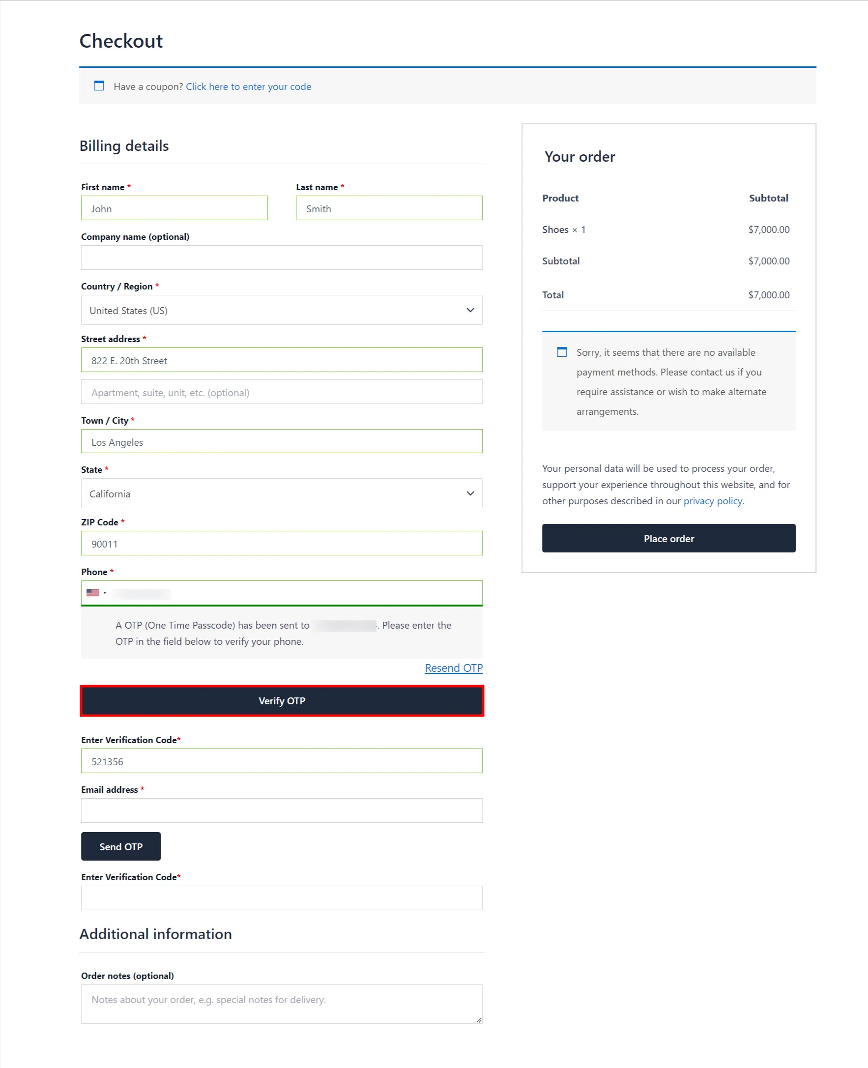 Both Phone and Email Verification Add-on - WooCommerce Checkout Form email verify OTP