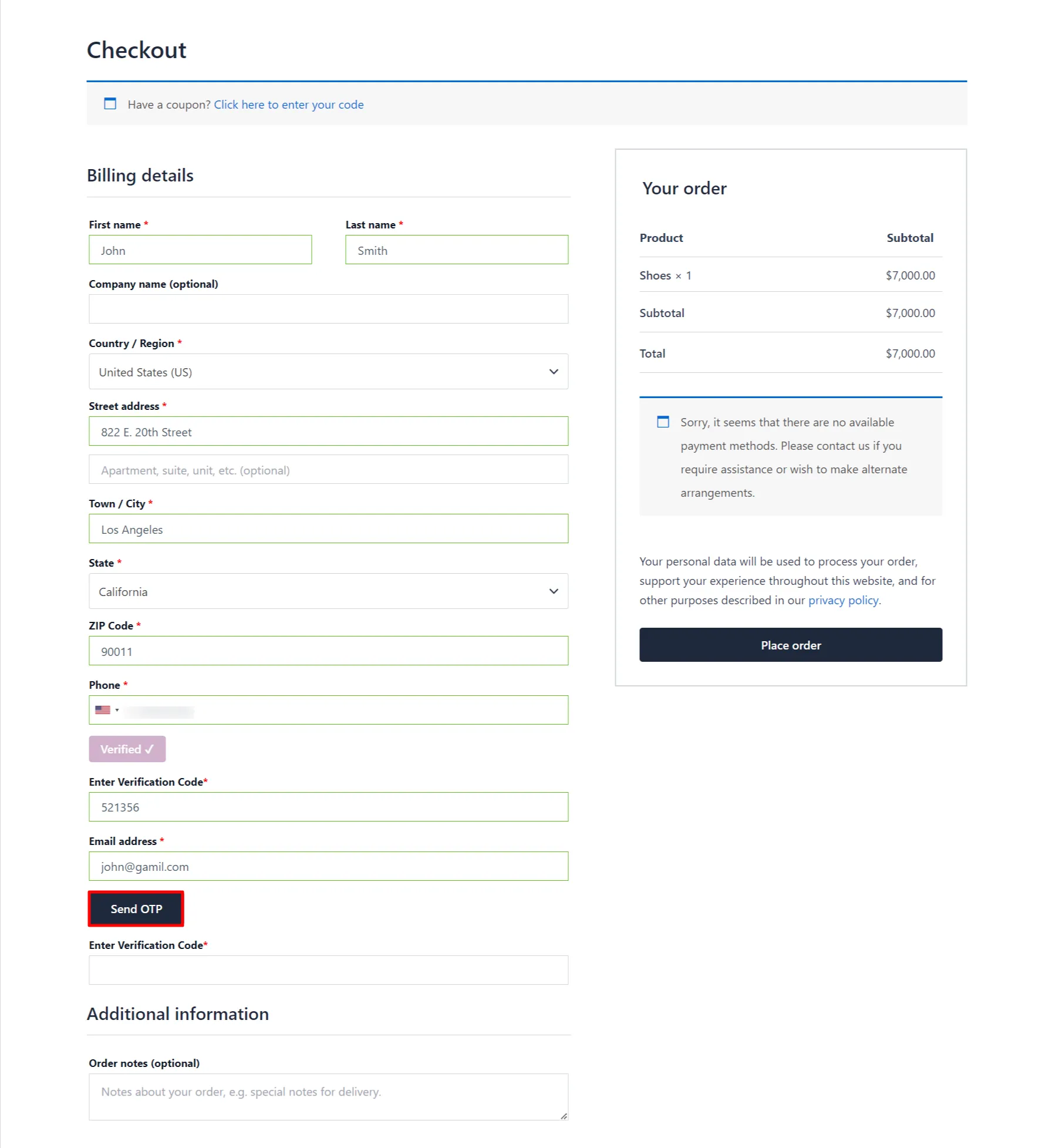 Both Phone and Email Verification Add-on - WooCommerce Checkout Form select Country