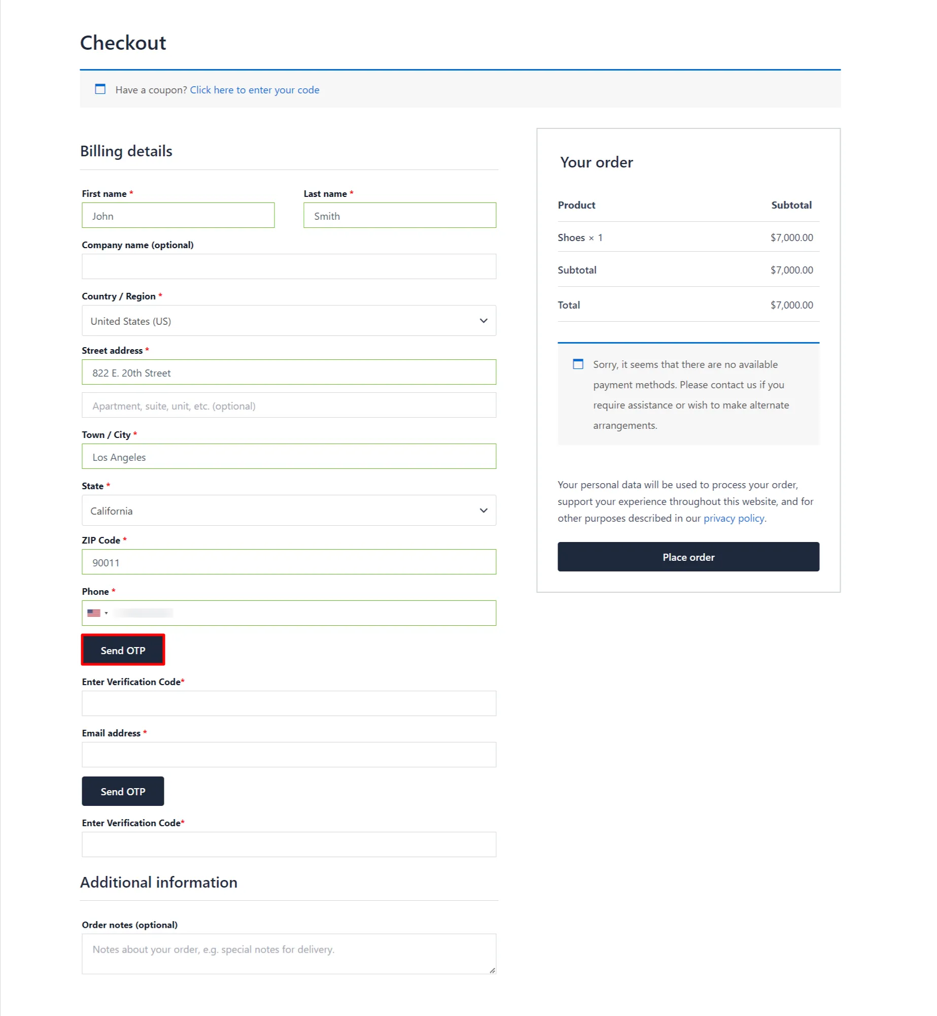 Both Phone and Email Verification Add-on - WooCommerce Checkout Form send OTP on Email