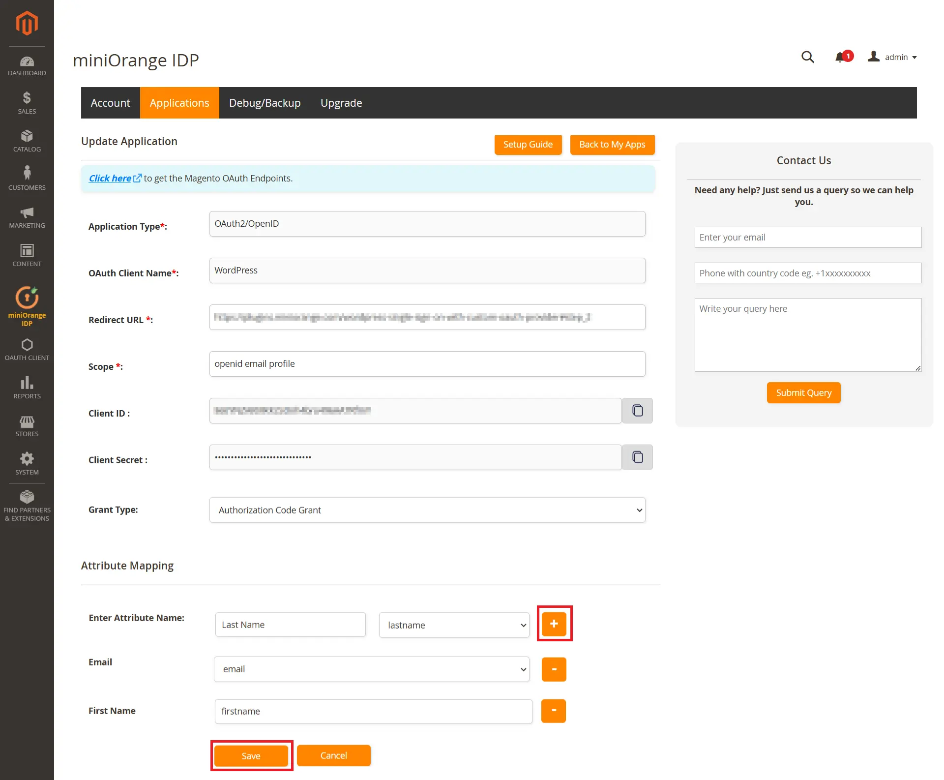 Magento as OAuth Server - add and save attribute mapping