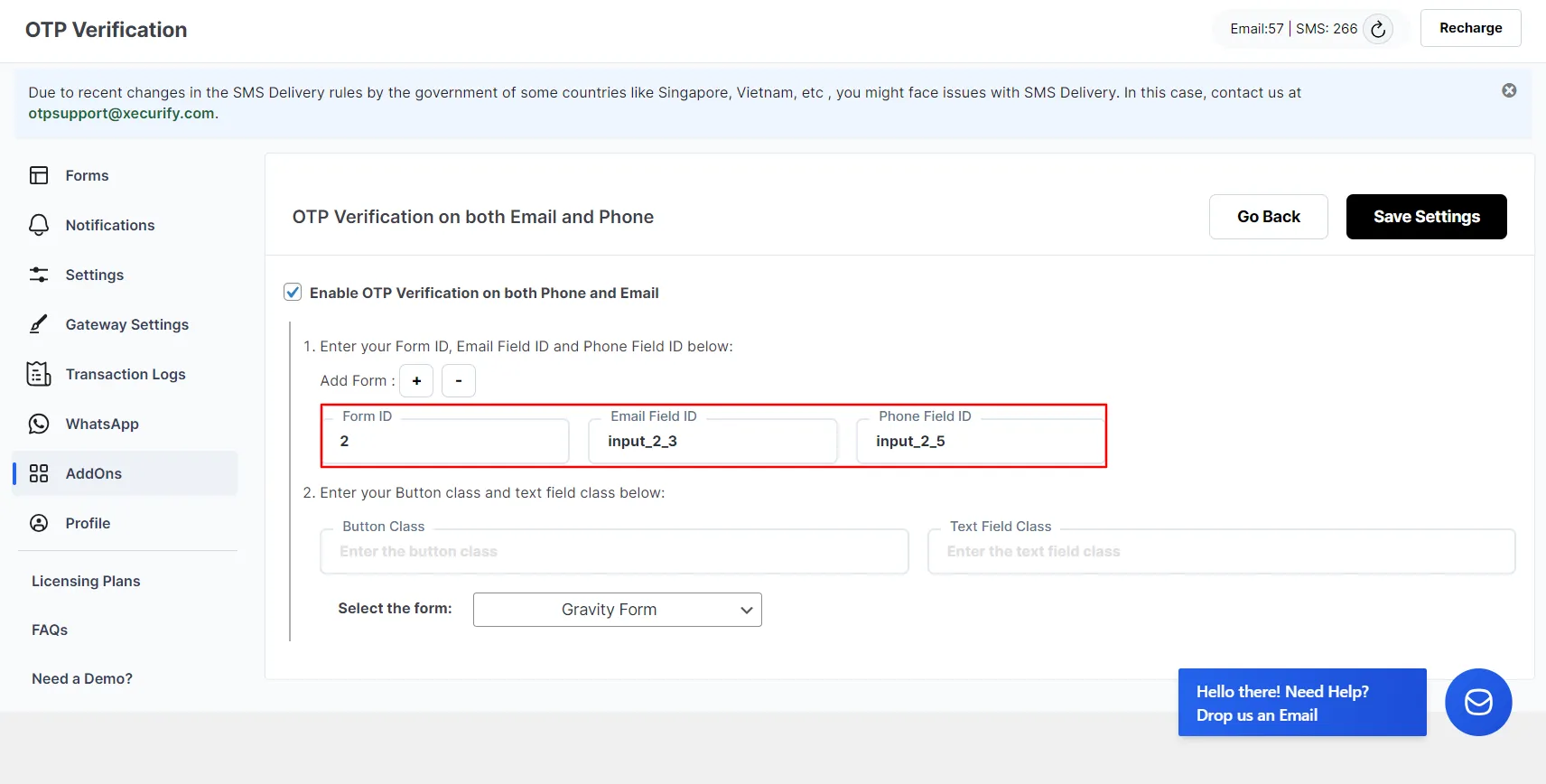 Both Email and Phone Verification Add-on - Gravity Form enter phone field ID