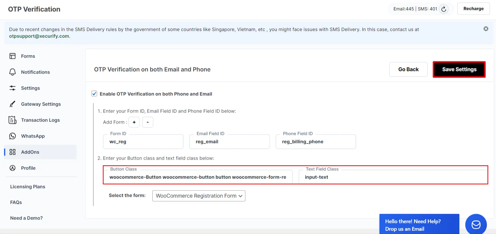 Both Email and Phone Verification Add-on - WooCommerce Registration form enter button class