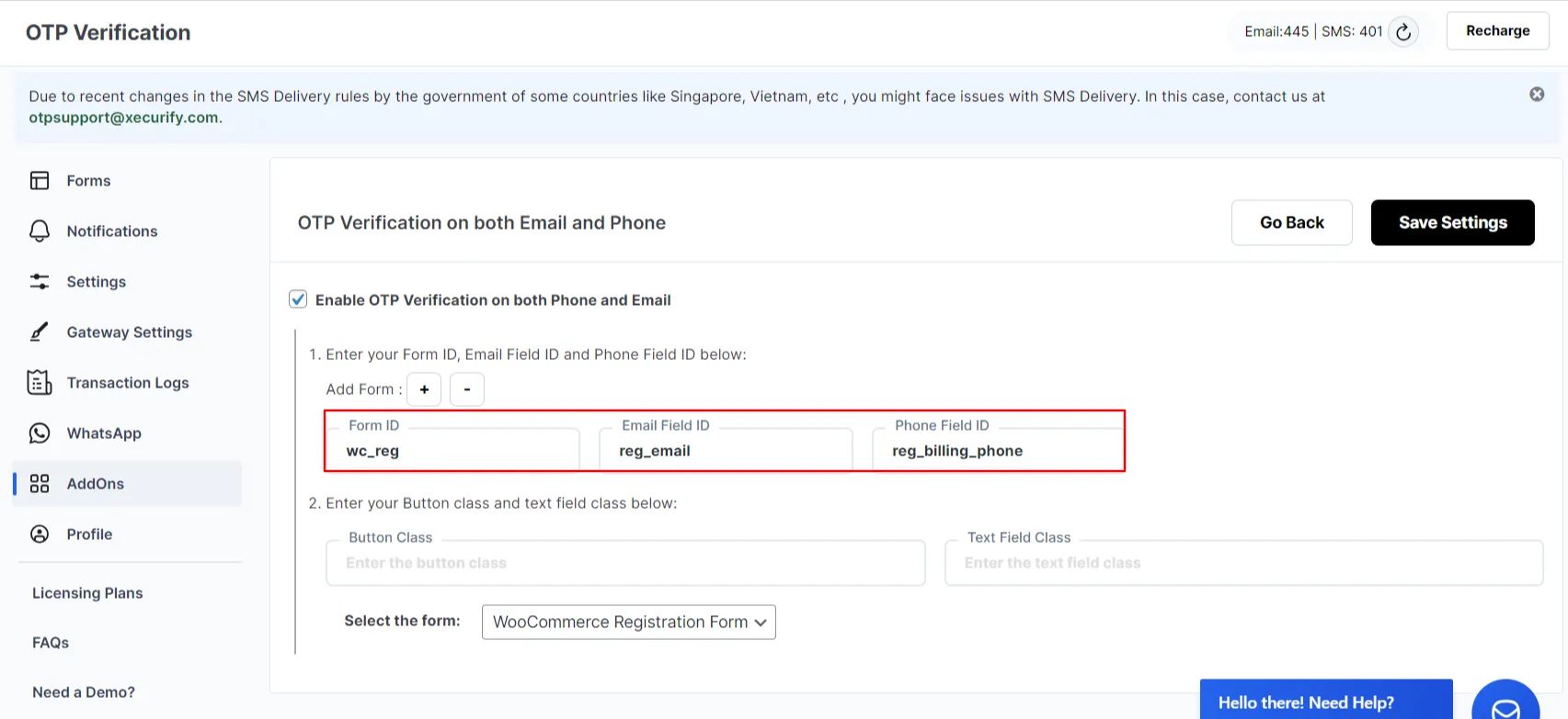 Both Email and Phone Verification Add-on - WooCommerce Registration form enter phone field ID