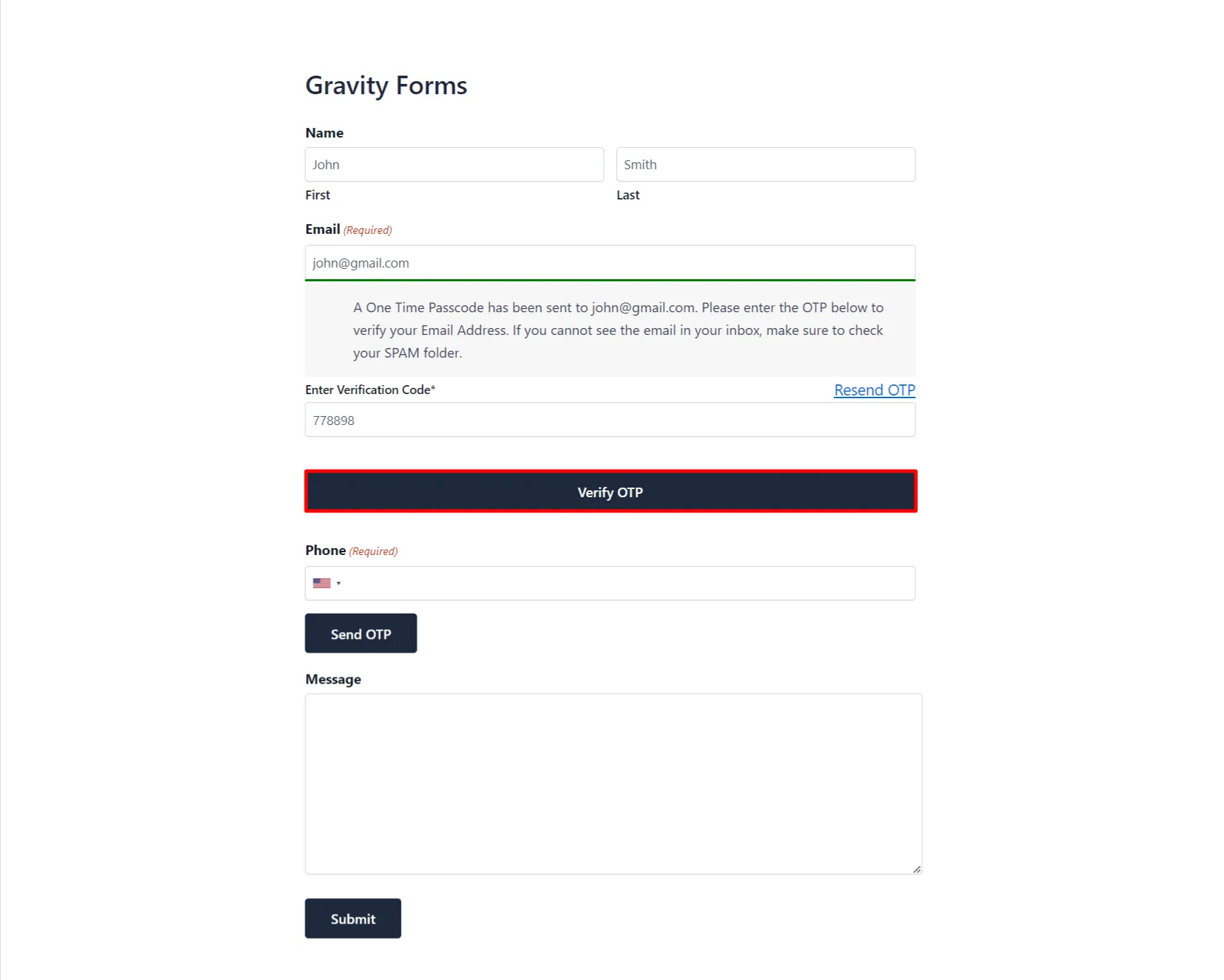 Both Email and Phone Verification Add-on - Gravity Form email verify OTP