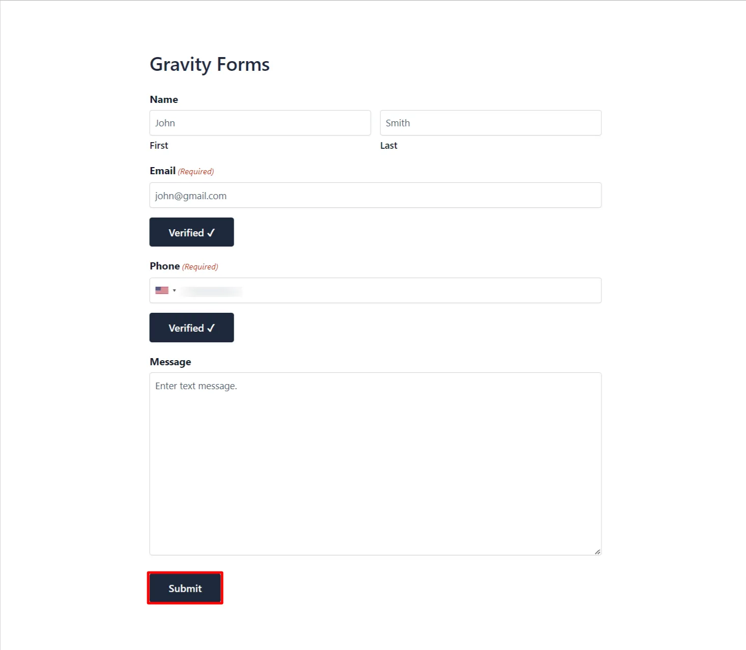 Both Email and Phone Verification Add-on - Gravity Form click Submit button