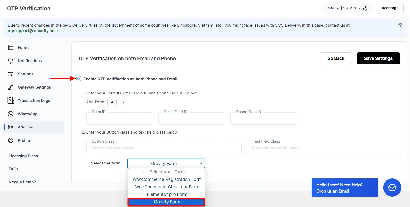 Both Email and Phone Verification Add-on - Gravity Form enable Add-on
