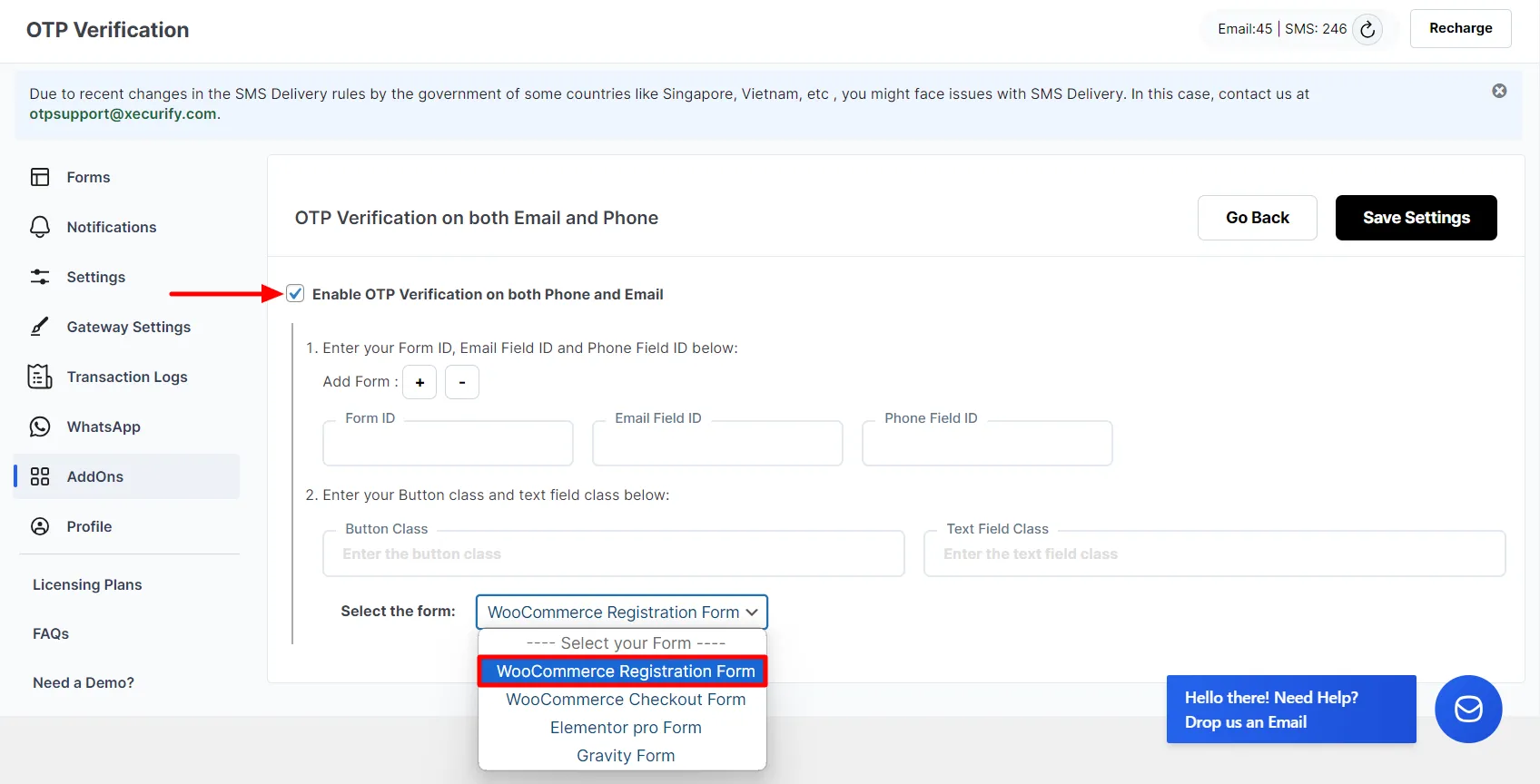 Both Email and Phone Verification Add-on - WooCommerce Registration form enable Add-on