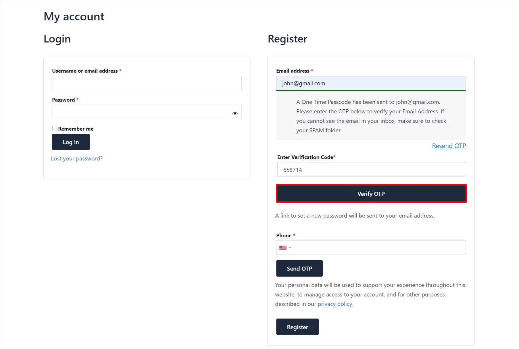 Both Email and Phone Verification Add-on - WooCommerce Registration form email verify OTP