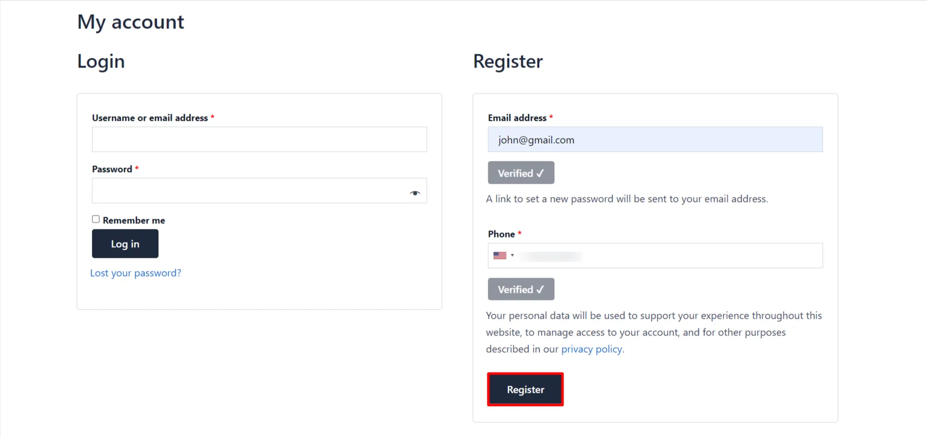 Both Email and Phone Verification Add-on - WooCommerce Registration form click register