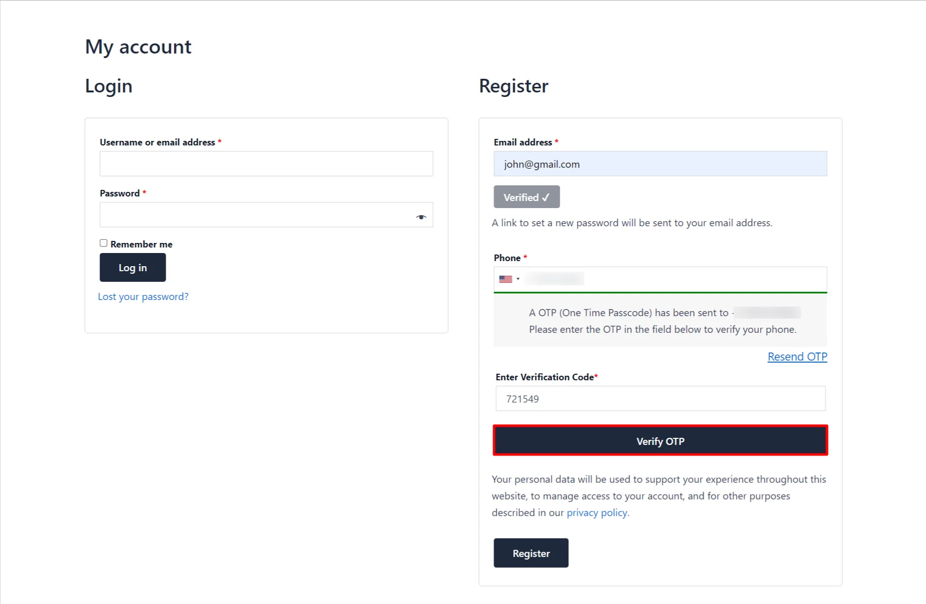 Both Email and Phone Verification Add-on - WooCommerce Registration form Phone verify OTP