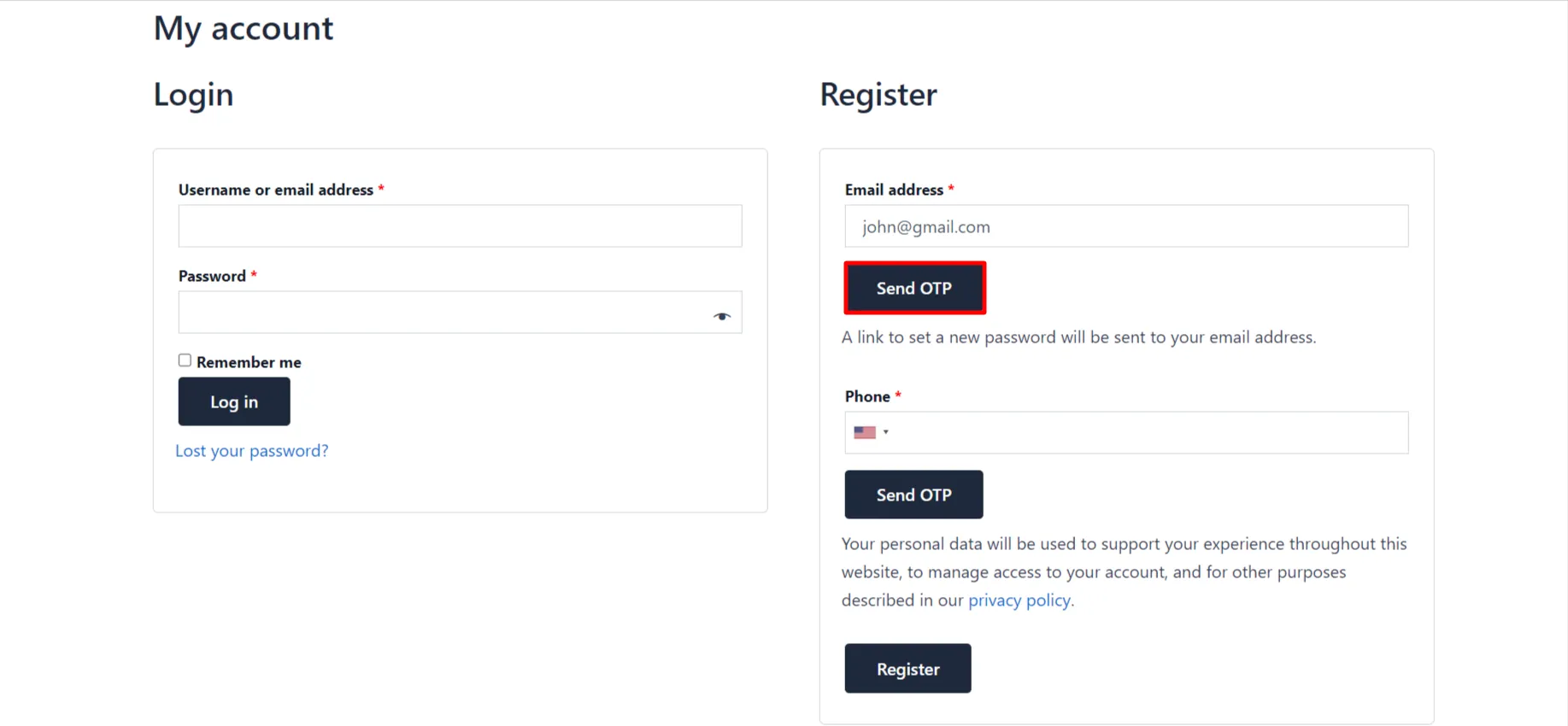 Both Email and Phone Verification Add-on - WooCommerce Registration form send OTP on email