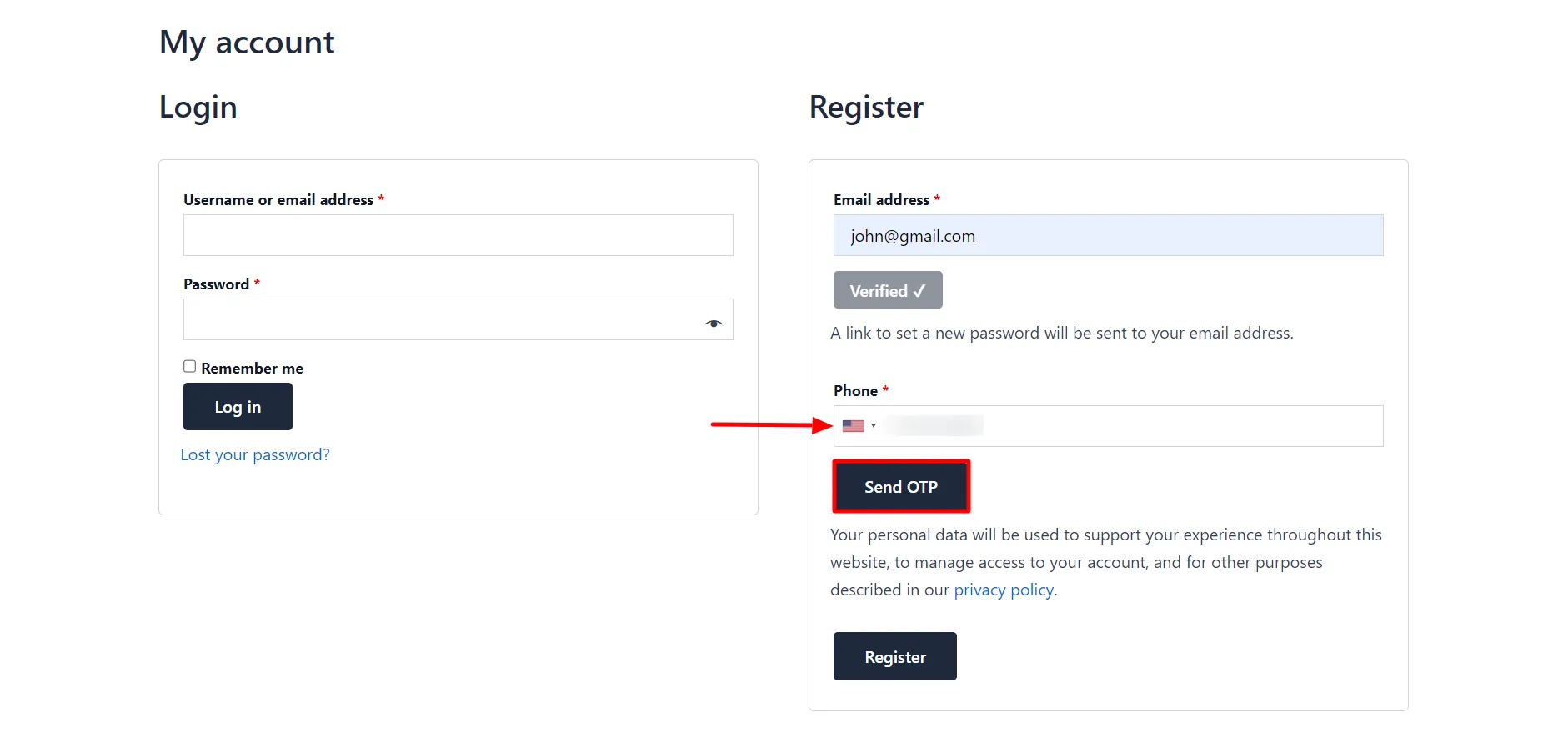 Both Email and Phone Verification Add-on - WooCommerce Registration form Select country