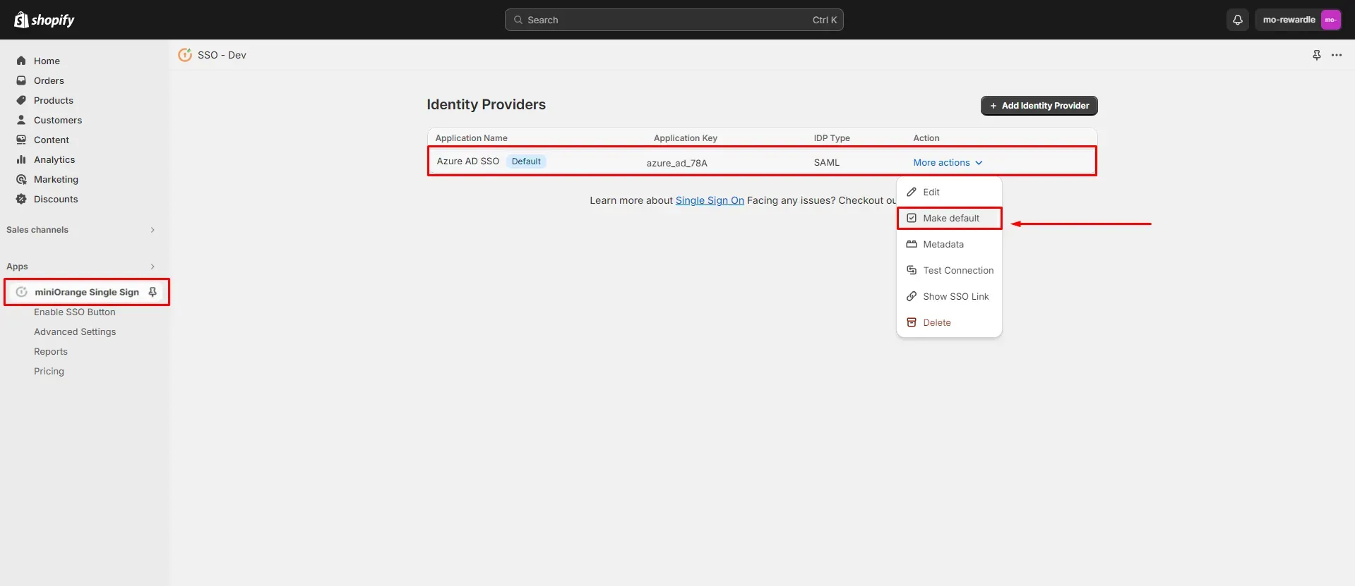 Make Default - Shopify Azure AD SSO