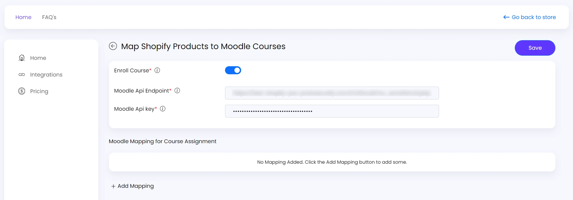 Shopify SyncUP - Course Sync with Moodle - Paste Moodle API Points into SyncUP application