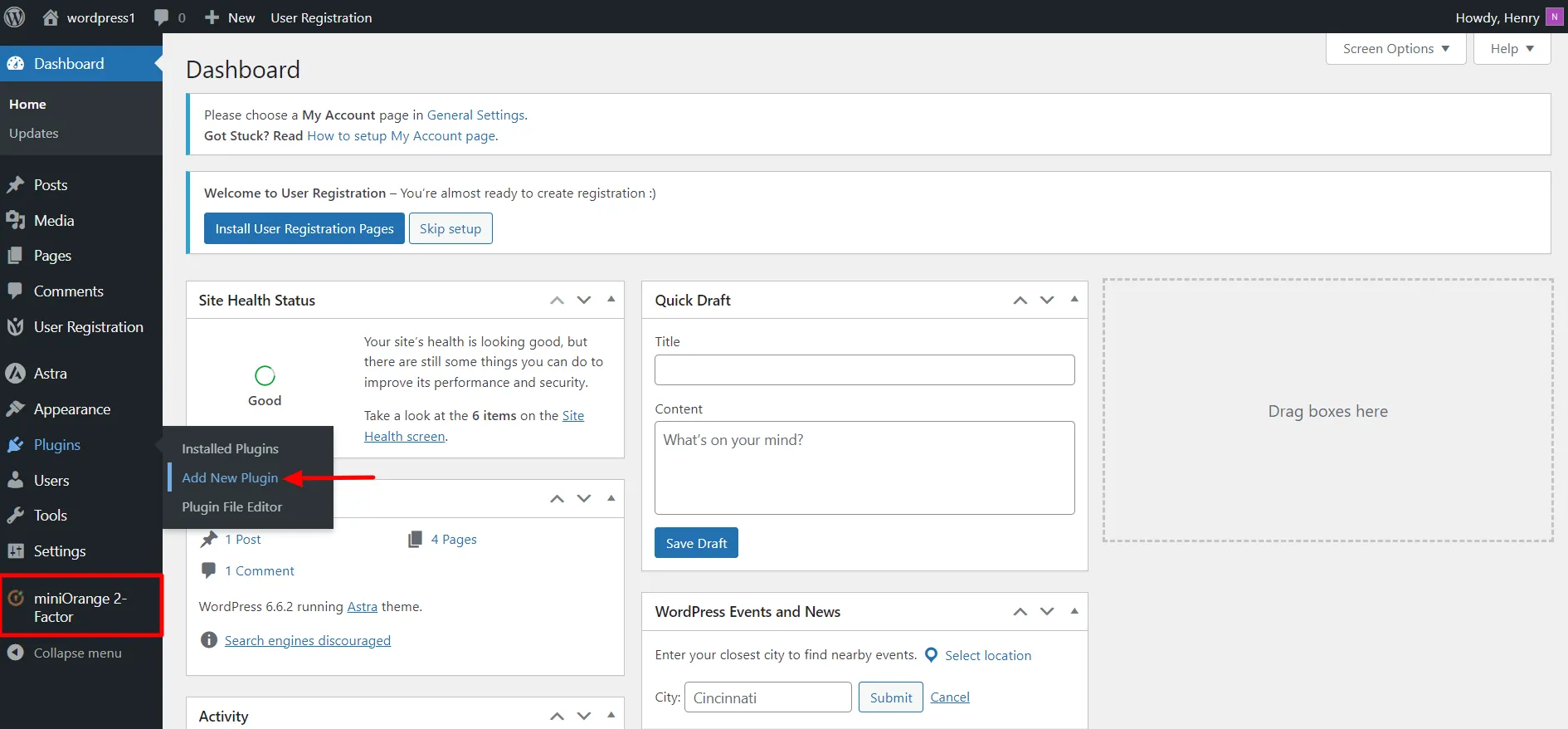 User Registration Login Form - WordPress Dashboard