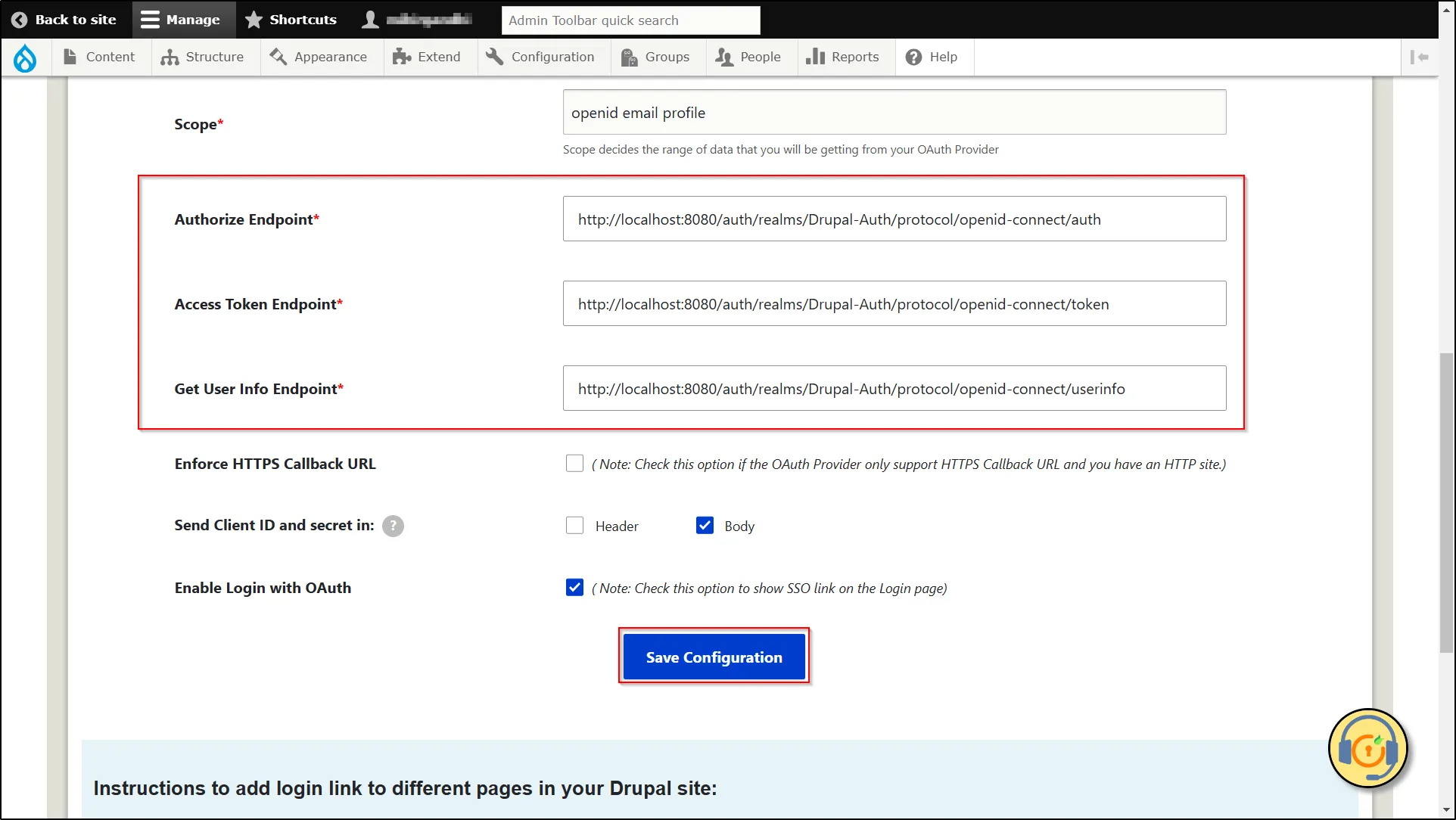 Keycloak OAuth/OIDC Single Sign On - Paste Realm Name and Domain Save Configuration