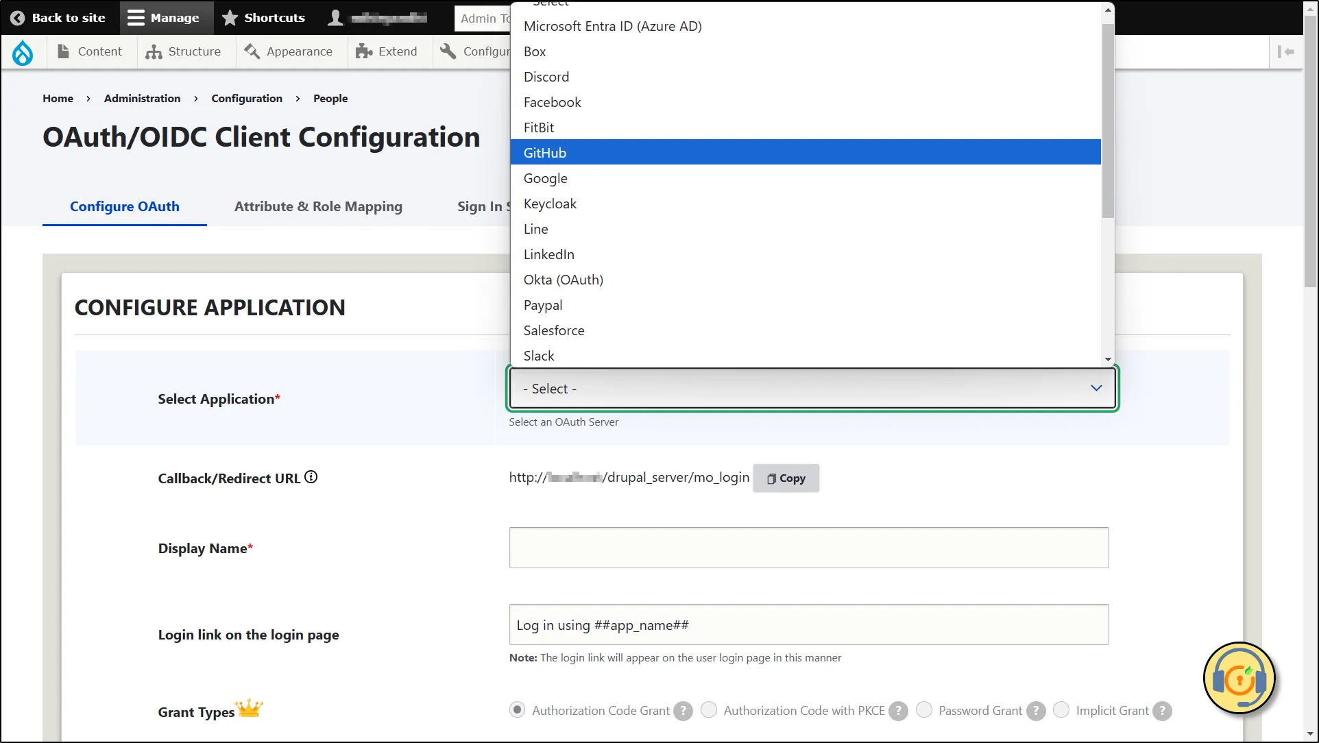 Drupal as OAuth Client - Under Configure OAuth -> Select Application