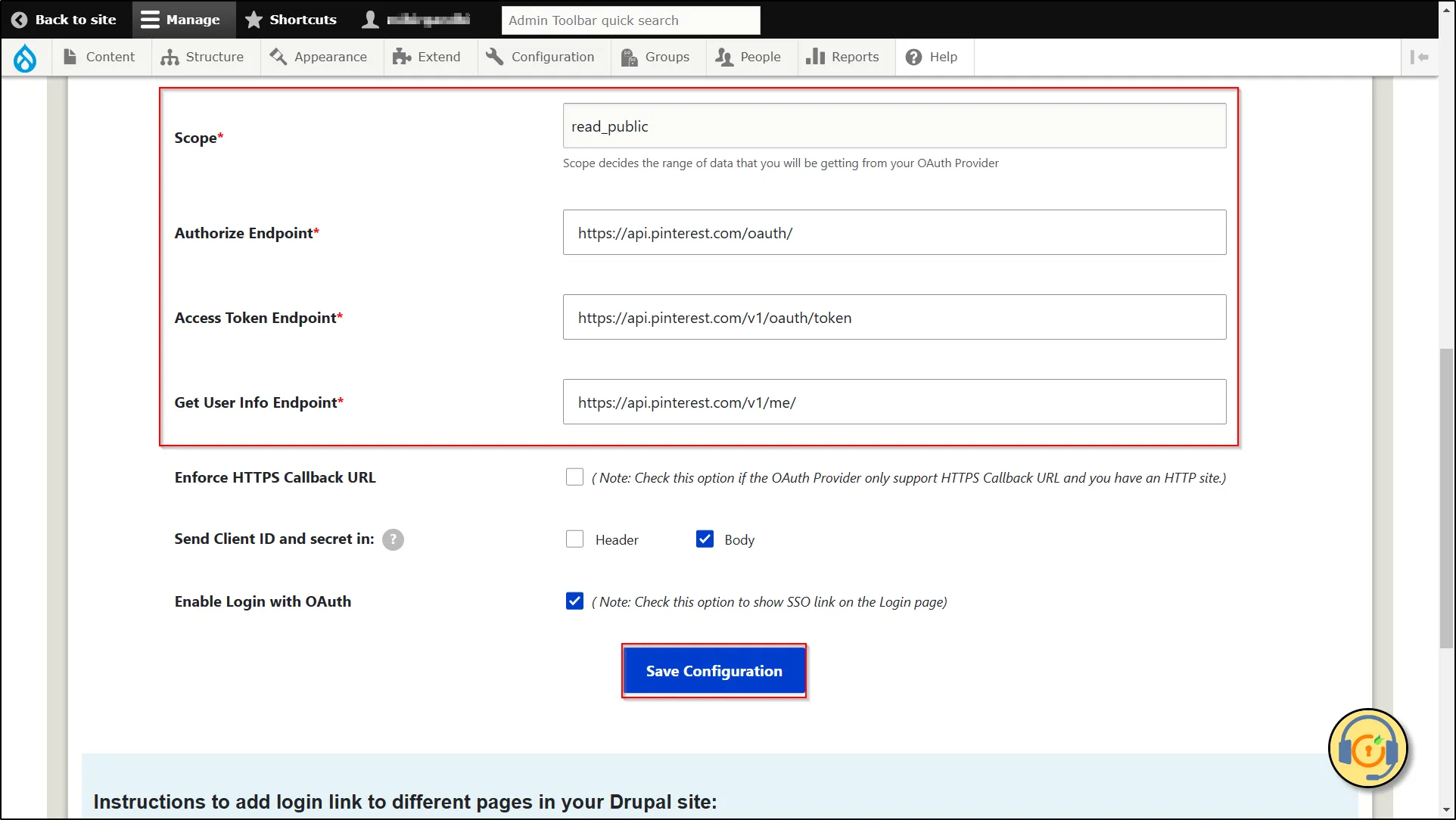 Drupal-Pinterest-OAuth-client-Paste-Endpoints-and-Scope-Click-Save-Configure