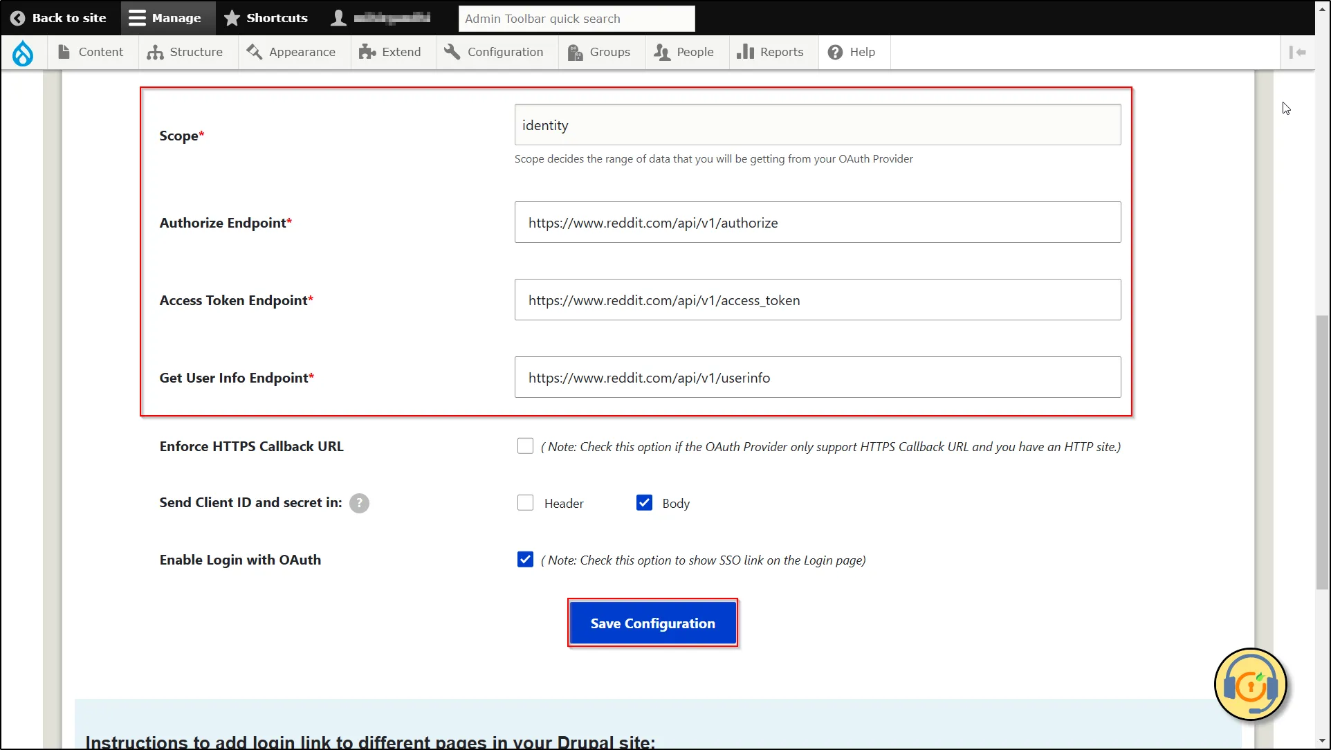 Drupal-Reddit-OAuth-client-Paste-Endpoints-and-Scope-Click-Save-Configure