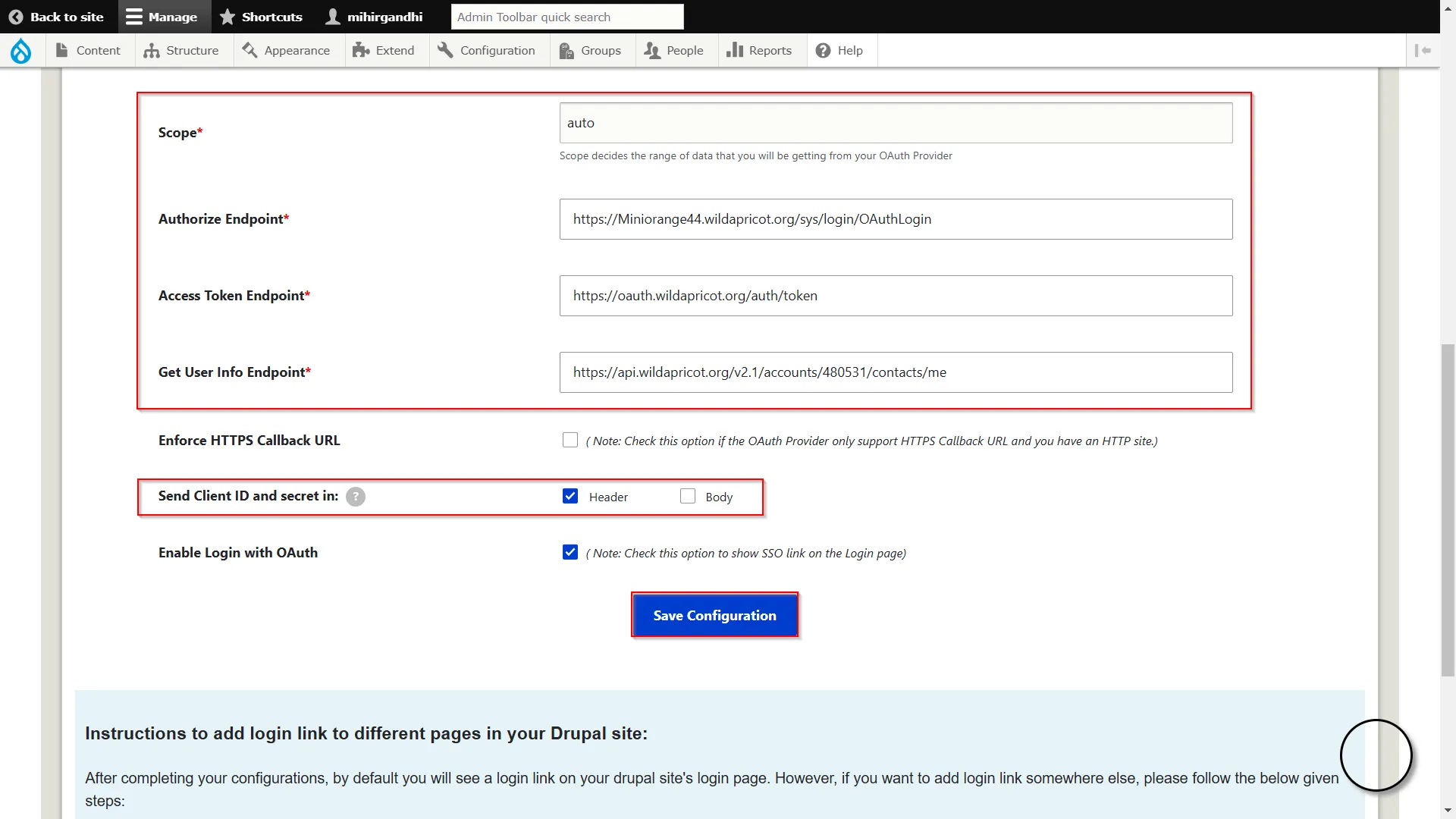 Drupal OAuth 2.0 OIDC Single Sign-on - Scope and Endpoints