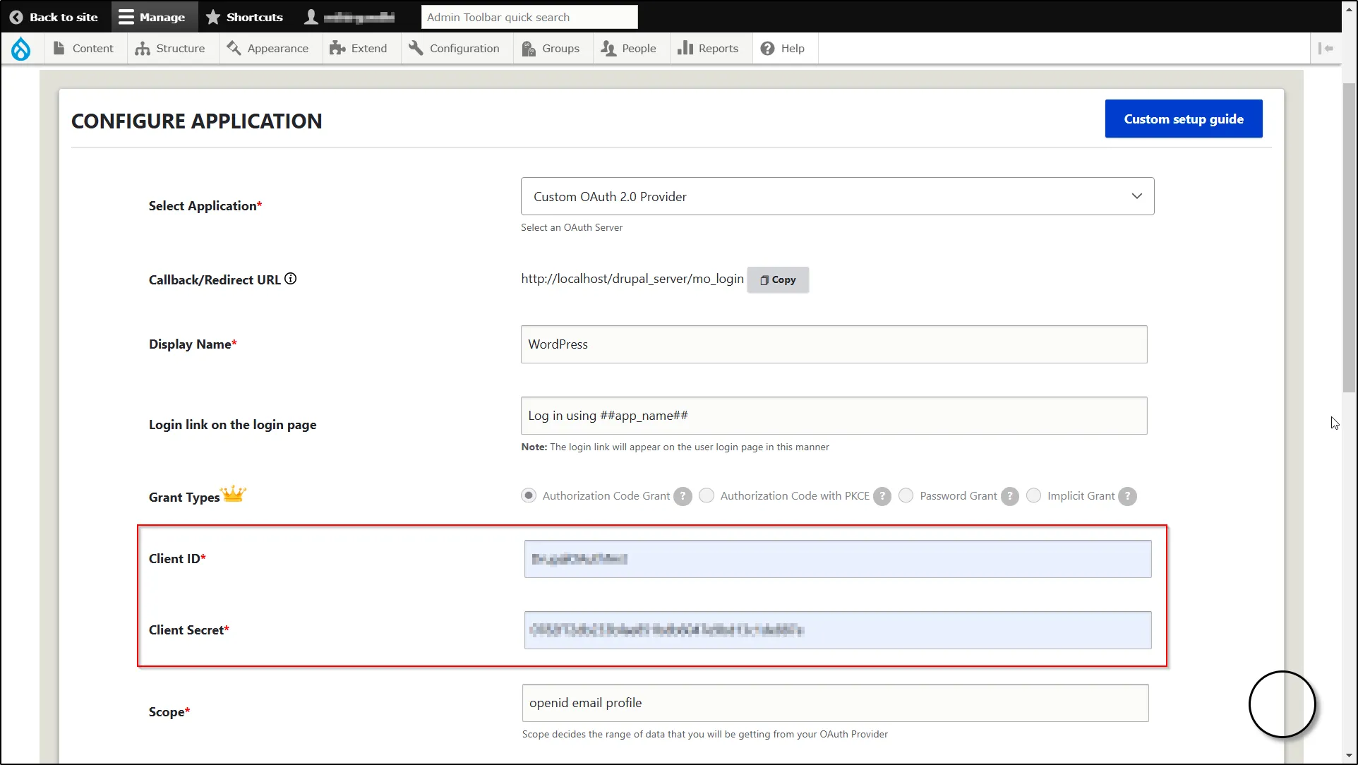 Drupal OAuth 2.0 OIDC Single Sign-on - Paste client credentials